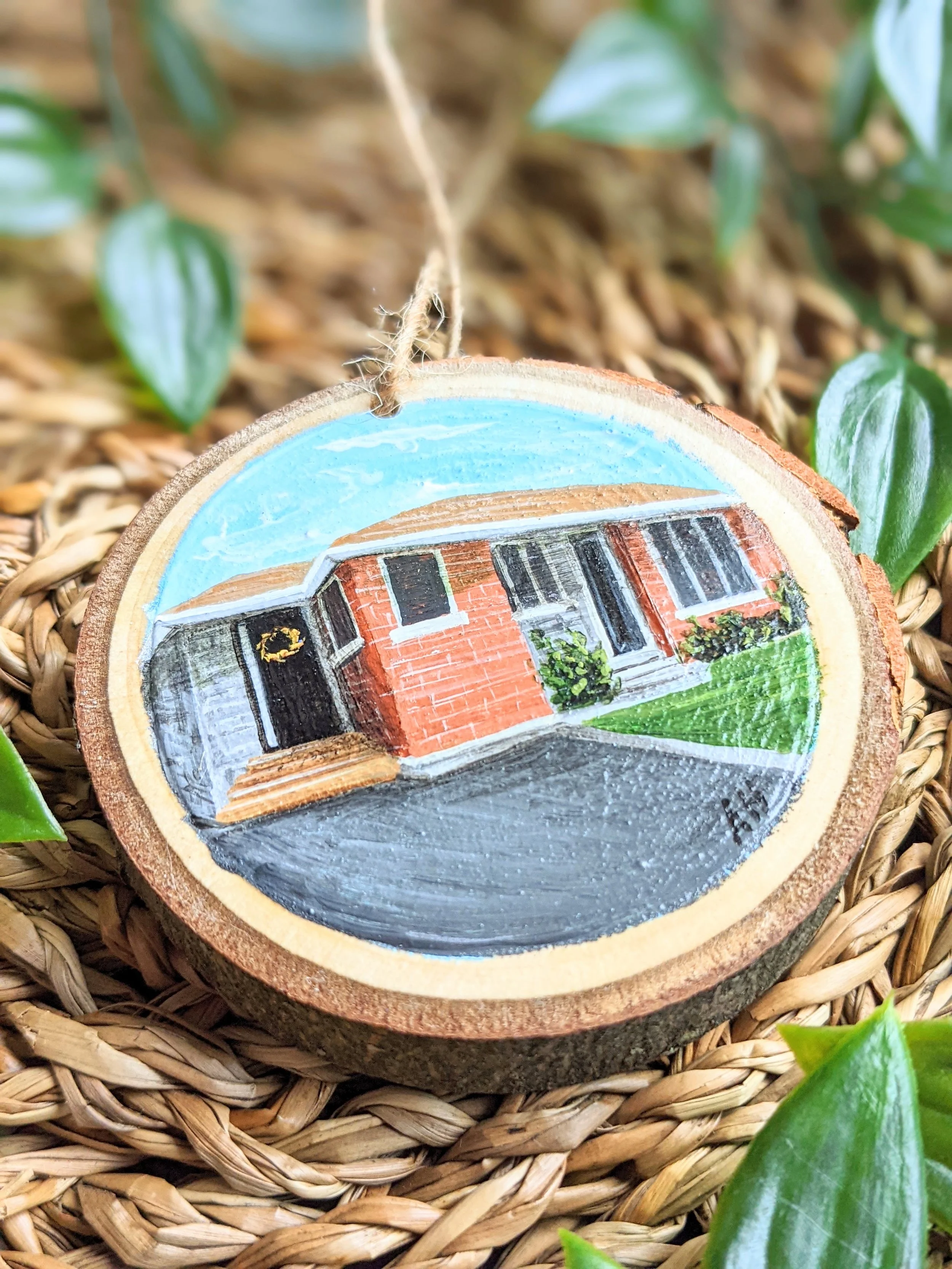 Custom hand-painted Christmas ornament featuring a house (2022)