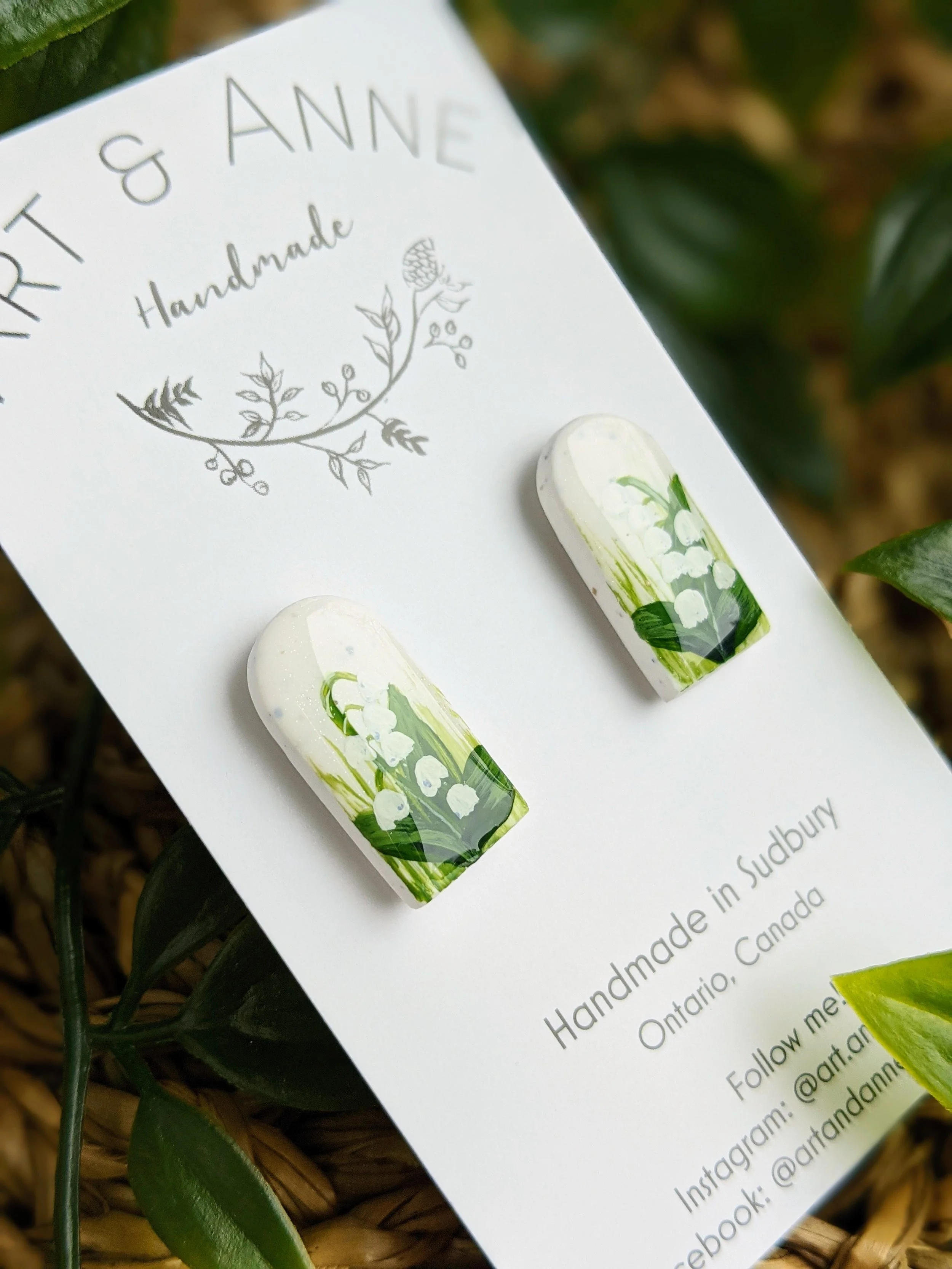 Custom hand-painted lily of the valley flower stud earrings (2022)