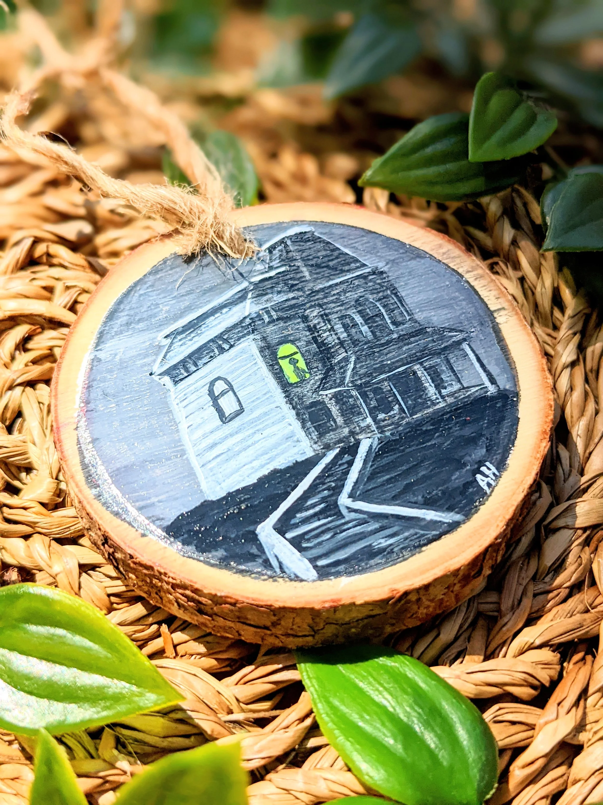 Custom hand-painted Christmas ornament featuring a horror movie house (2022)