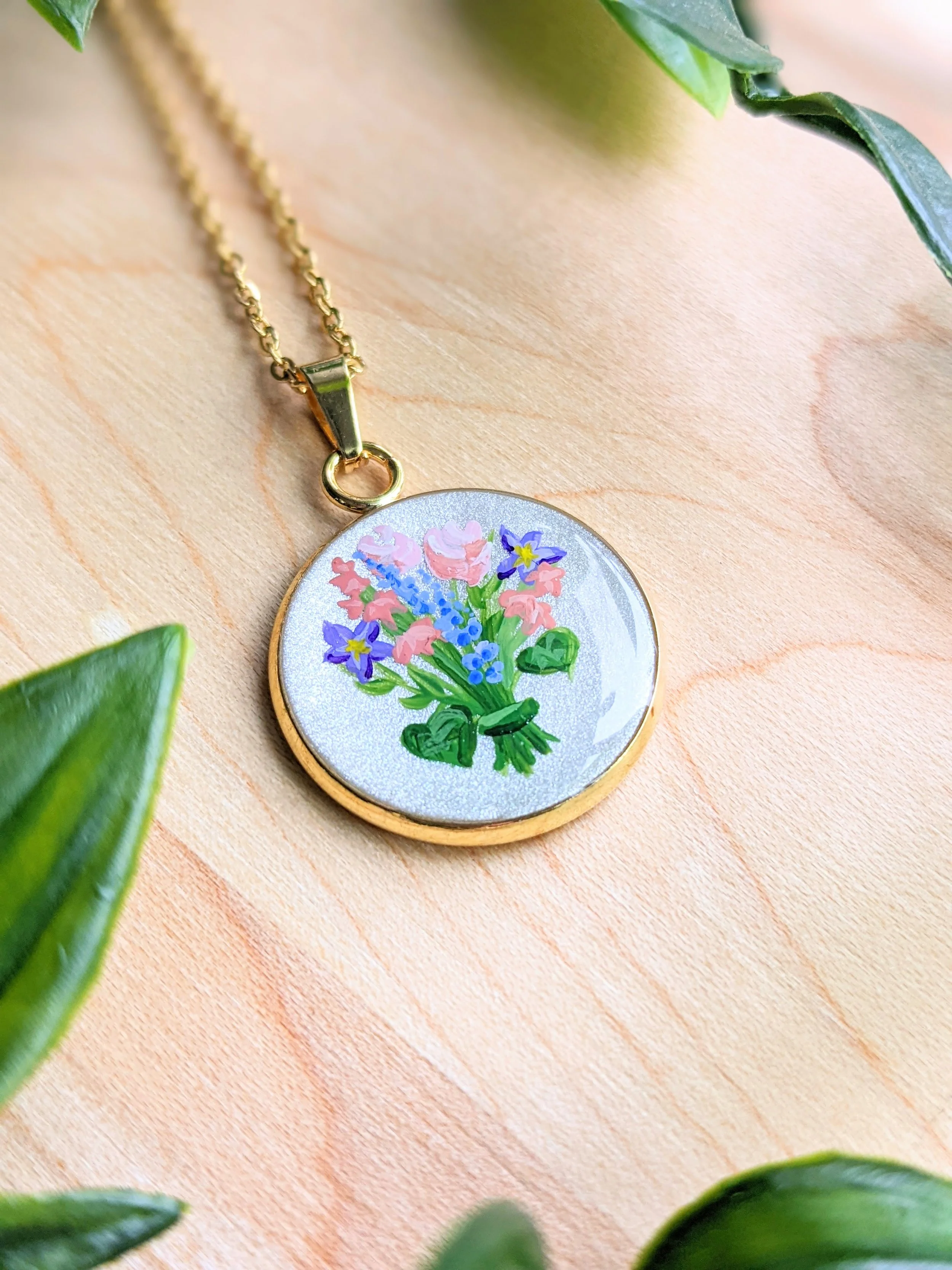 Custom hand-painted birth flower bouquet necklace (2022)