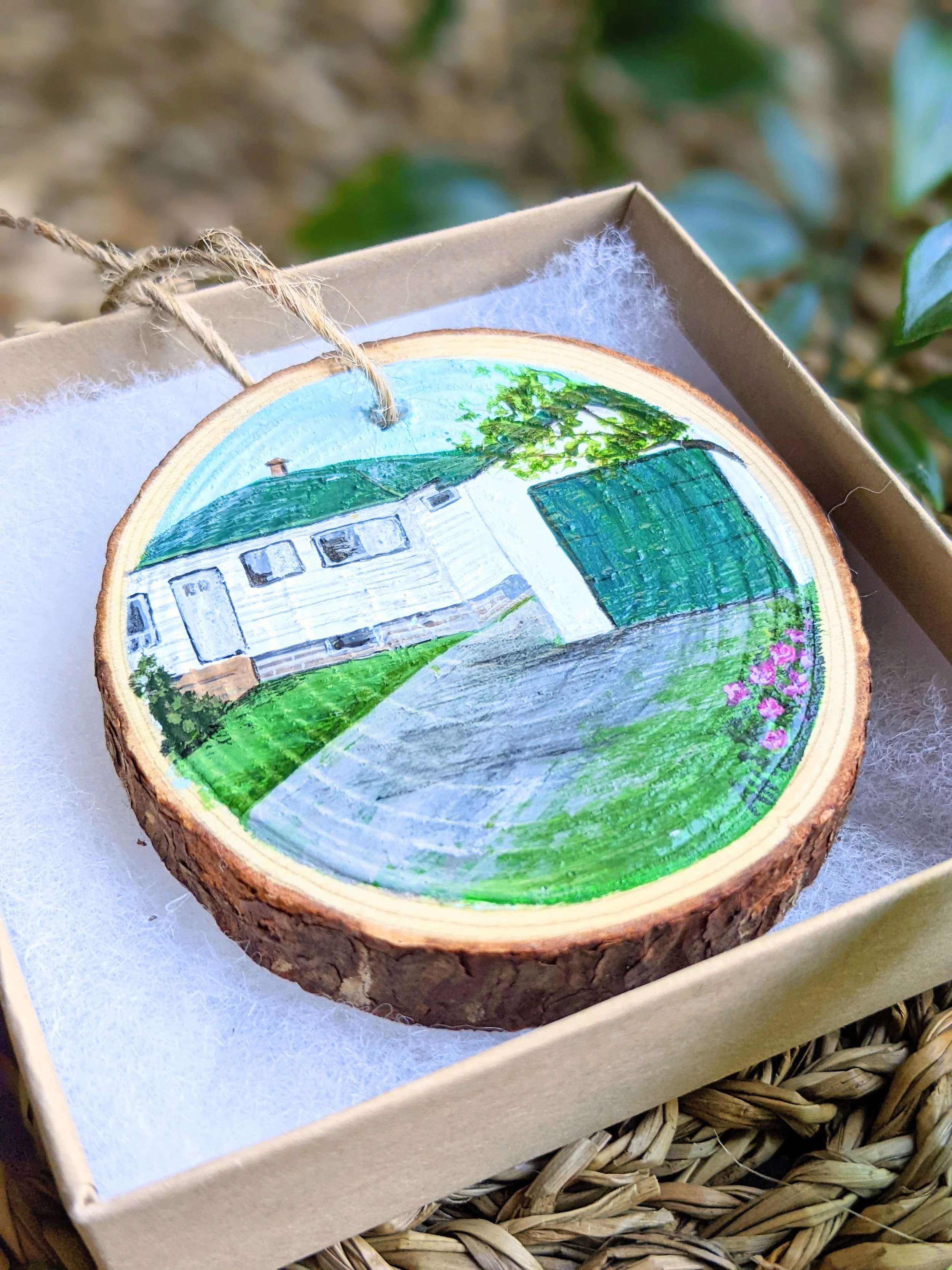 Custom hand-painted Christmas ornament featuring a house (2022)