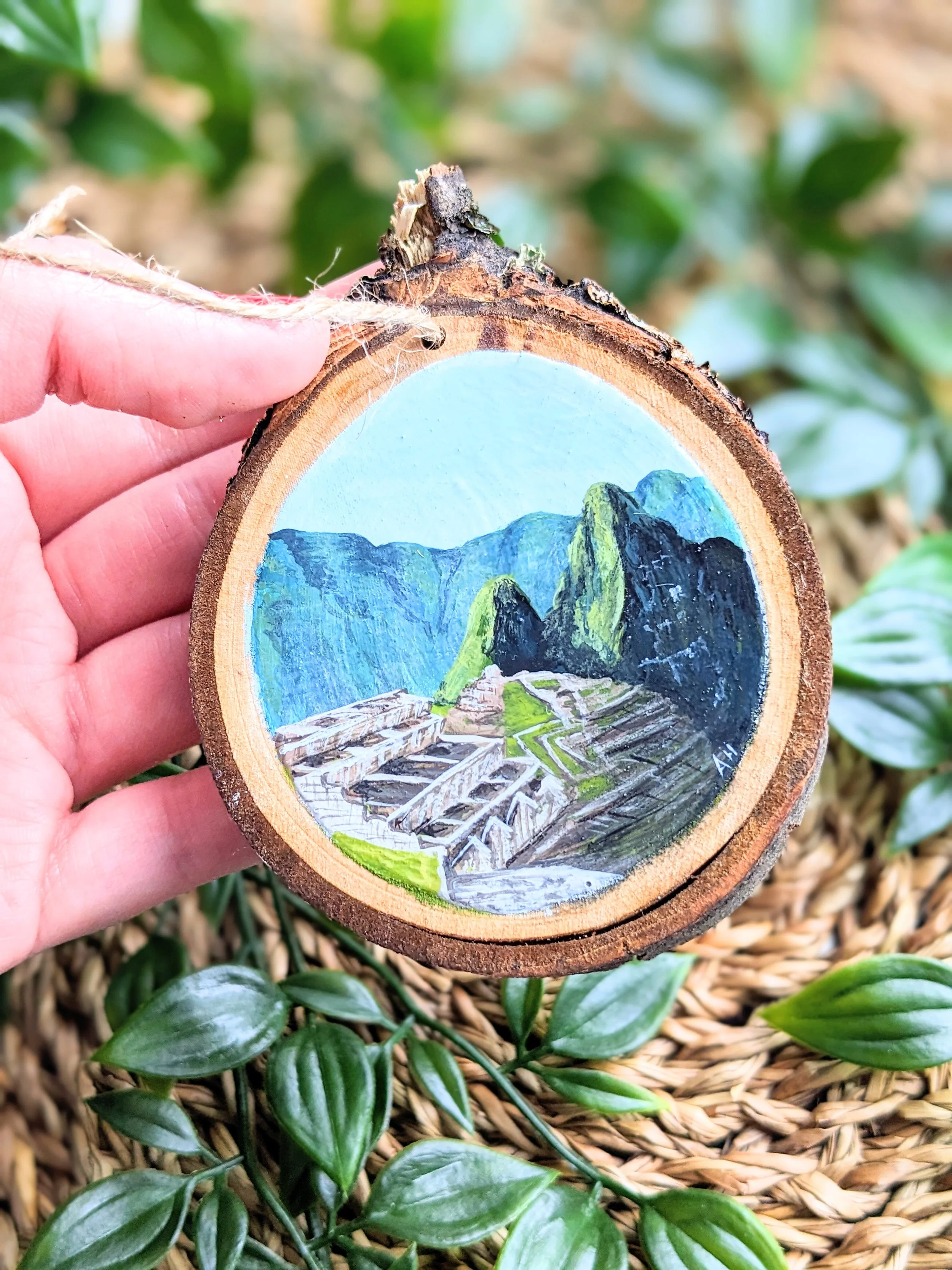 Custom hand-painted Christmas ornament featuring Machu Pichu, Peru (2023)