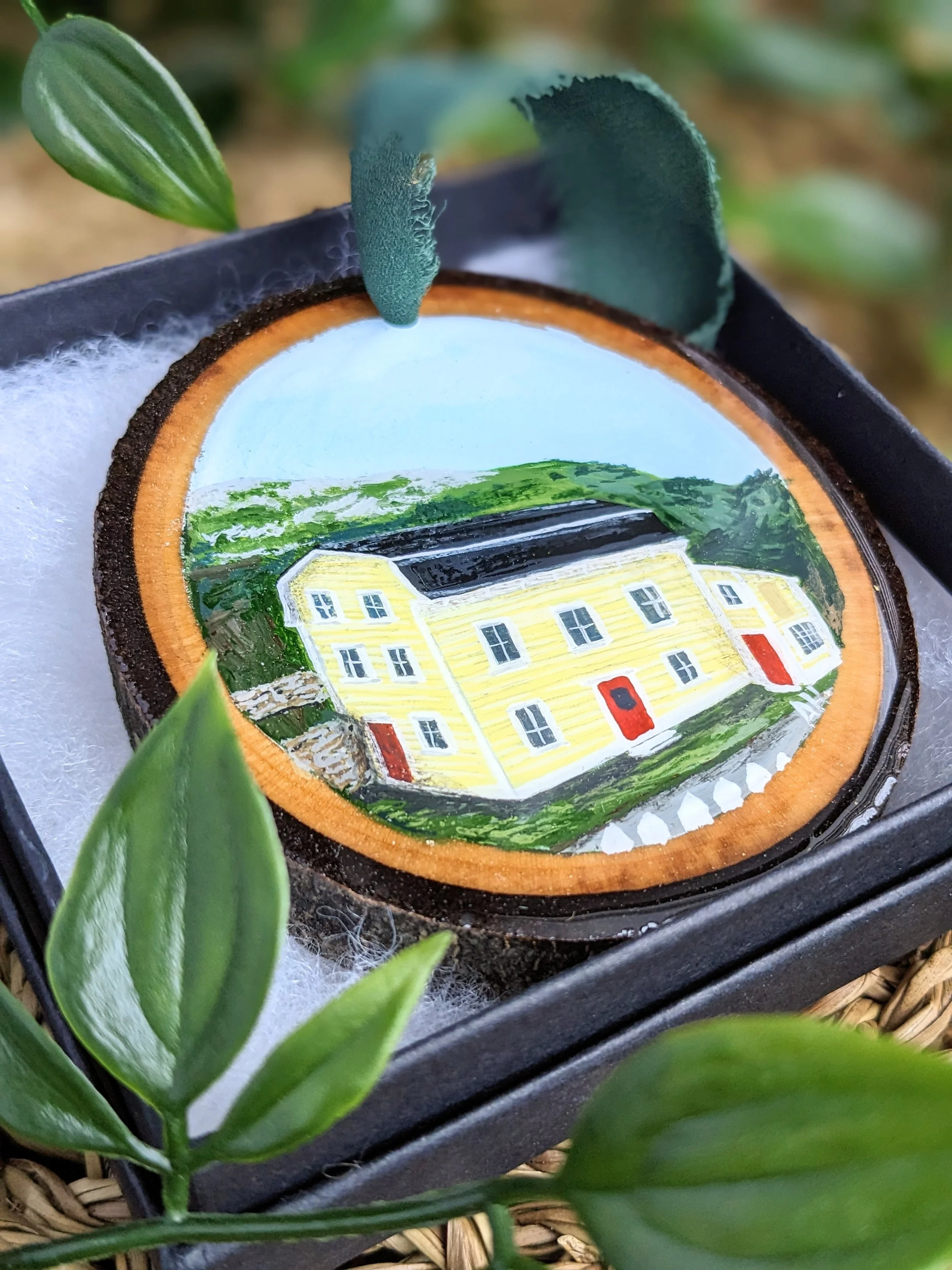 Custom hand-painted Christmas Ornament featuring a yellow house (2023)
