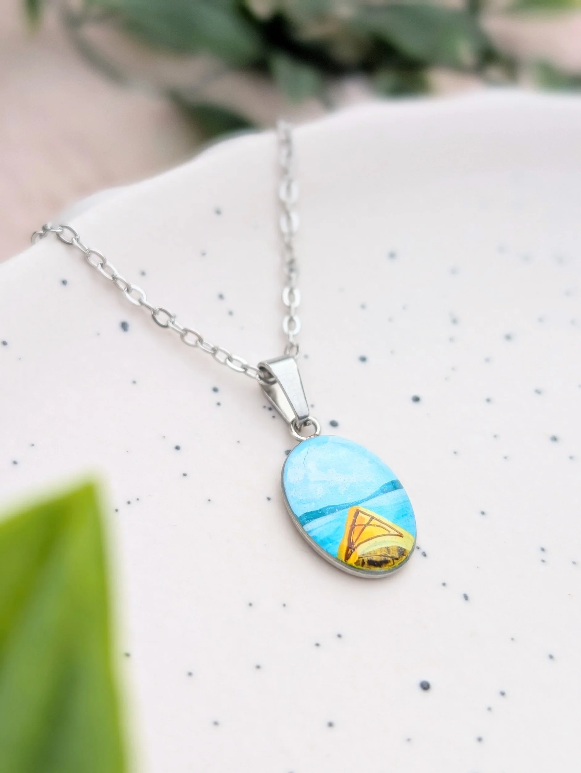 Hand-painted Yellow Kayak Necklace - Small Oval