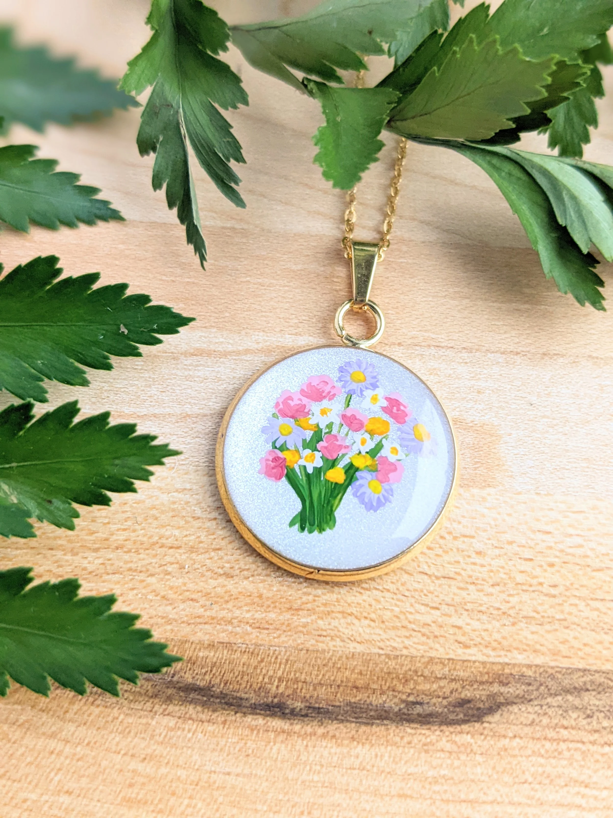 Custom hand-painted birth flower bouquet necklace (2022)