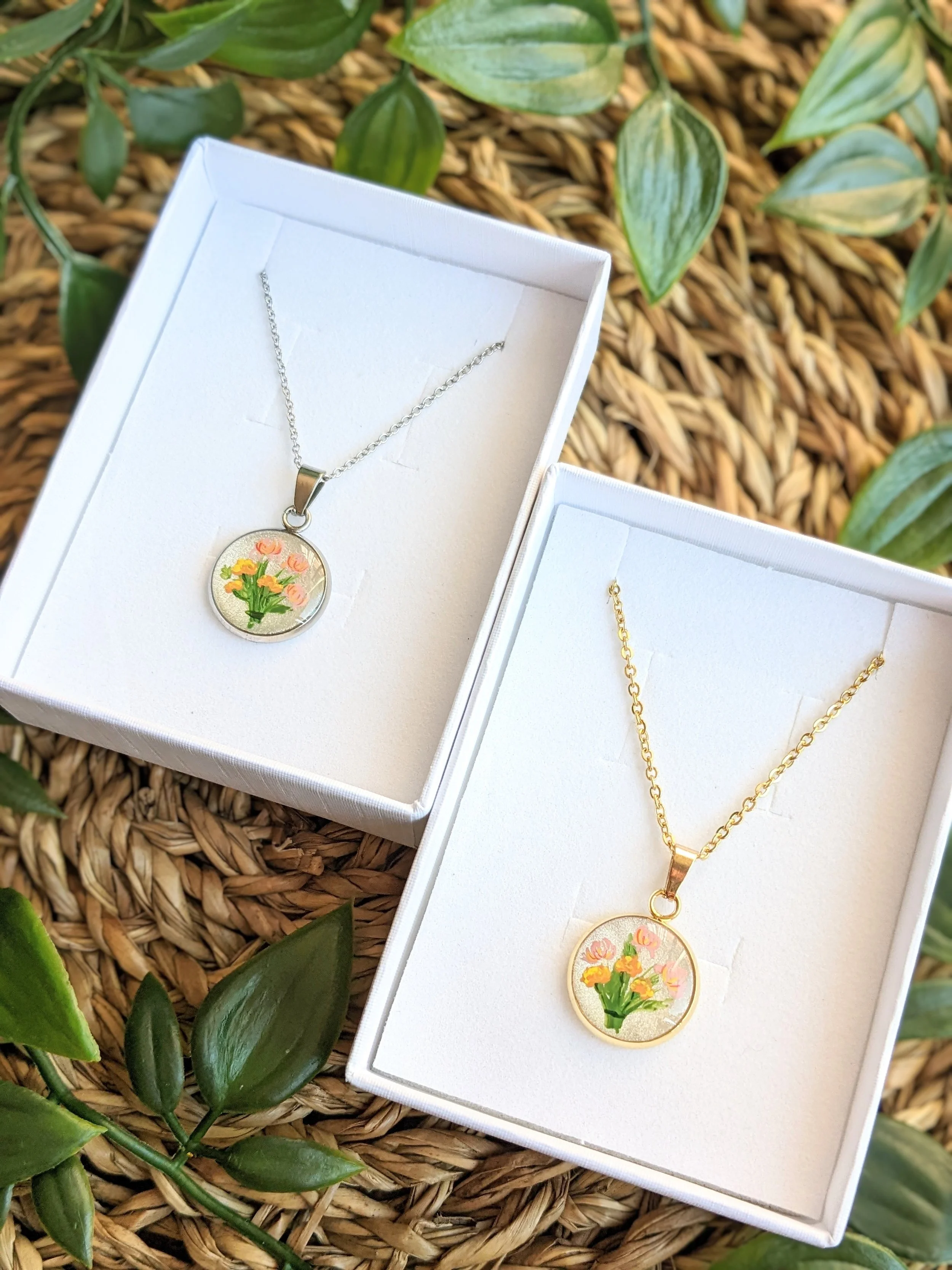 Custom hand-painted birth flower bouquet necklaces (2022)