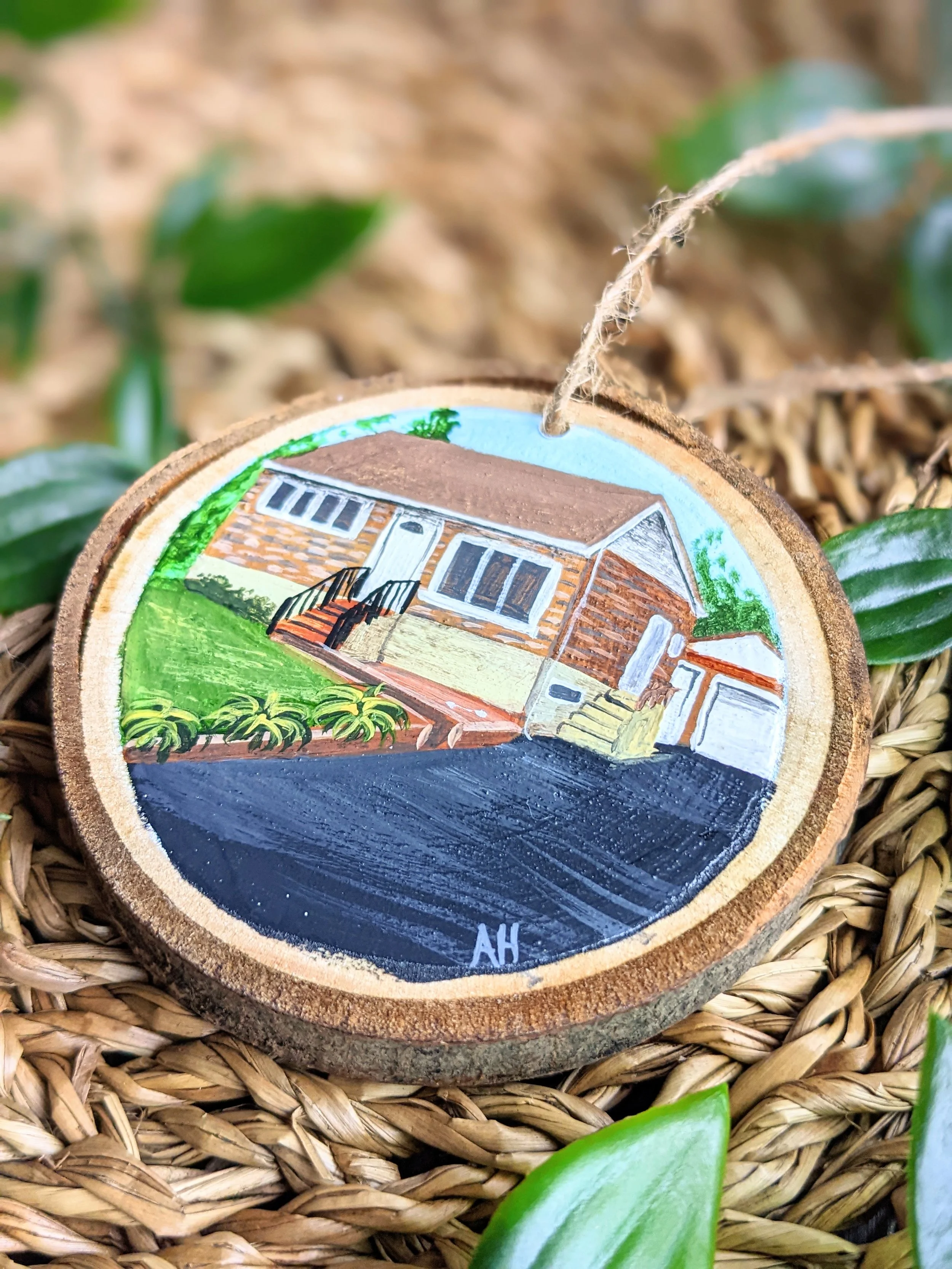 Custom hand-painted Christmas ornament featuring a house (2022)