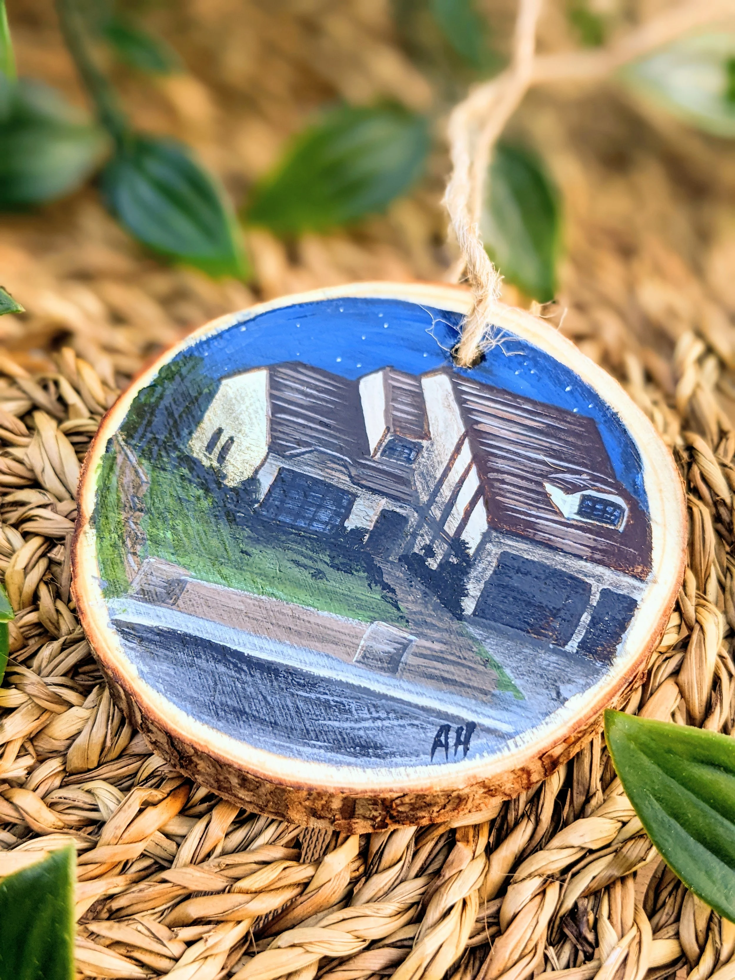 Custom hand-painted Christmas ornament featuring a house (2022)