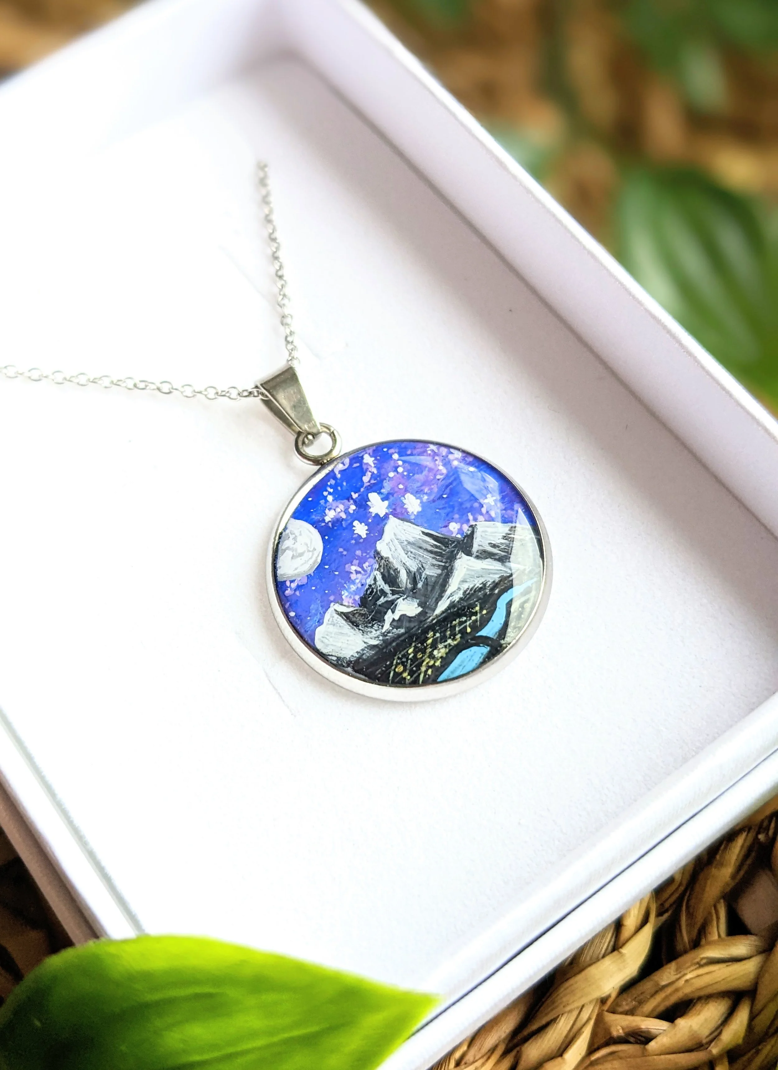 Custom hand-painted necklace, mountains (2022)