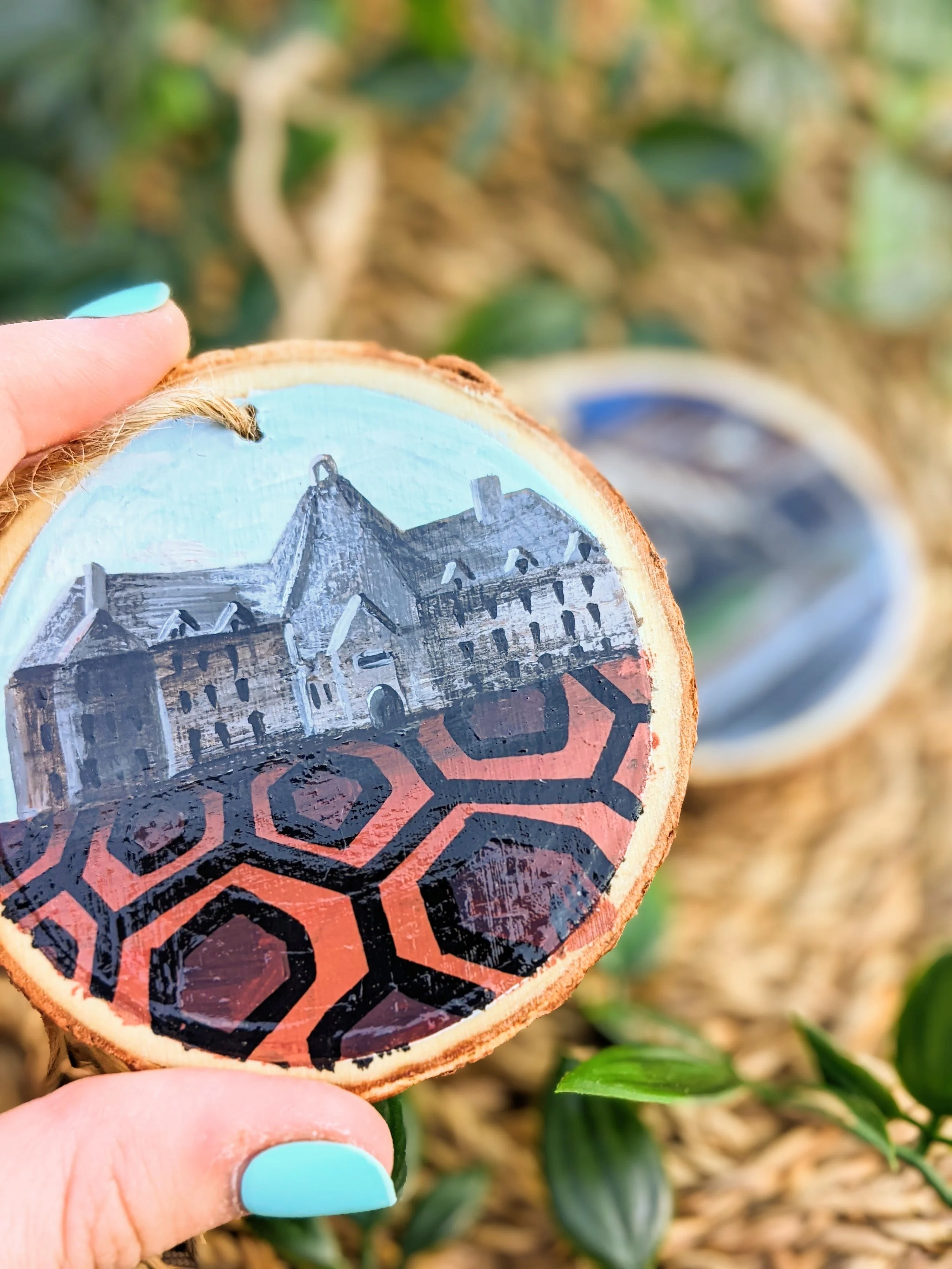 Custom hand-painted Christmas ornament featuring a horror movie house (2022)