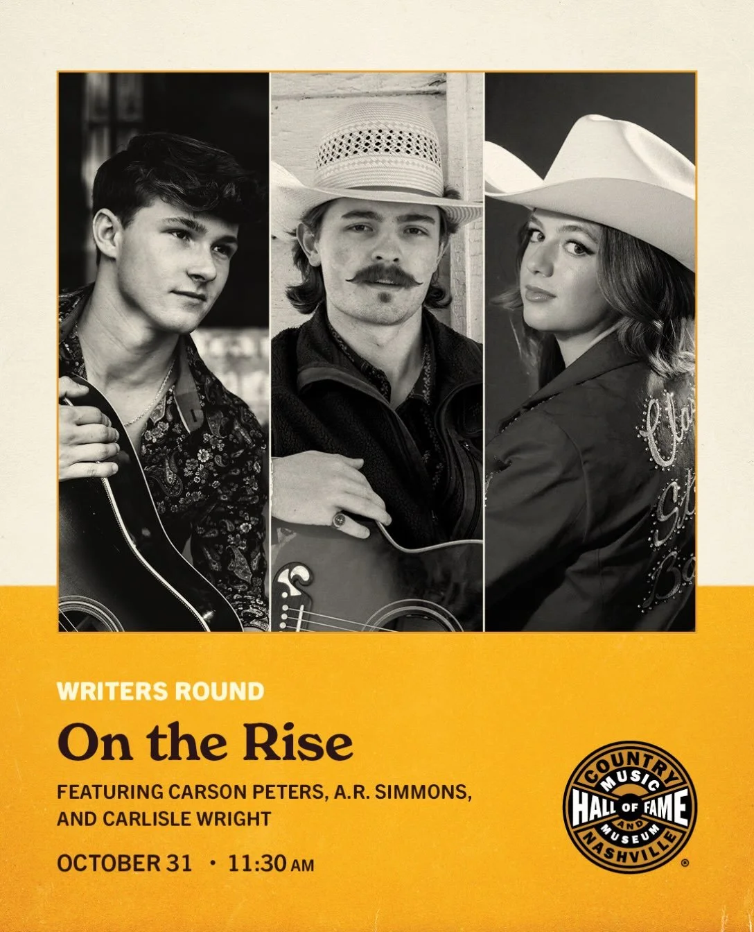 Nothin but the Wright Kinda Country at the @countrymusichof !! Excited to be playin alongside @carsonpetersmusic @a.r.simmonsmusic this Saturday 10/31. Yall come spend your Halloween mornin with us⚡️⚡️

Click the link in @CountryMusicHOF&rsquo;s bio 