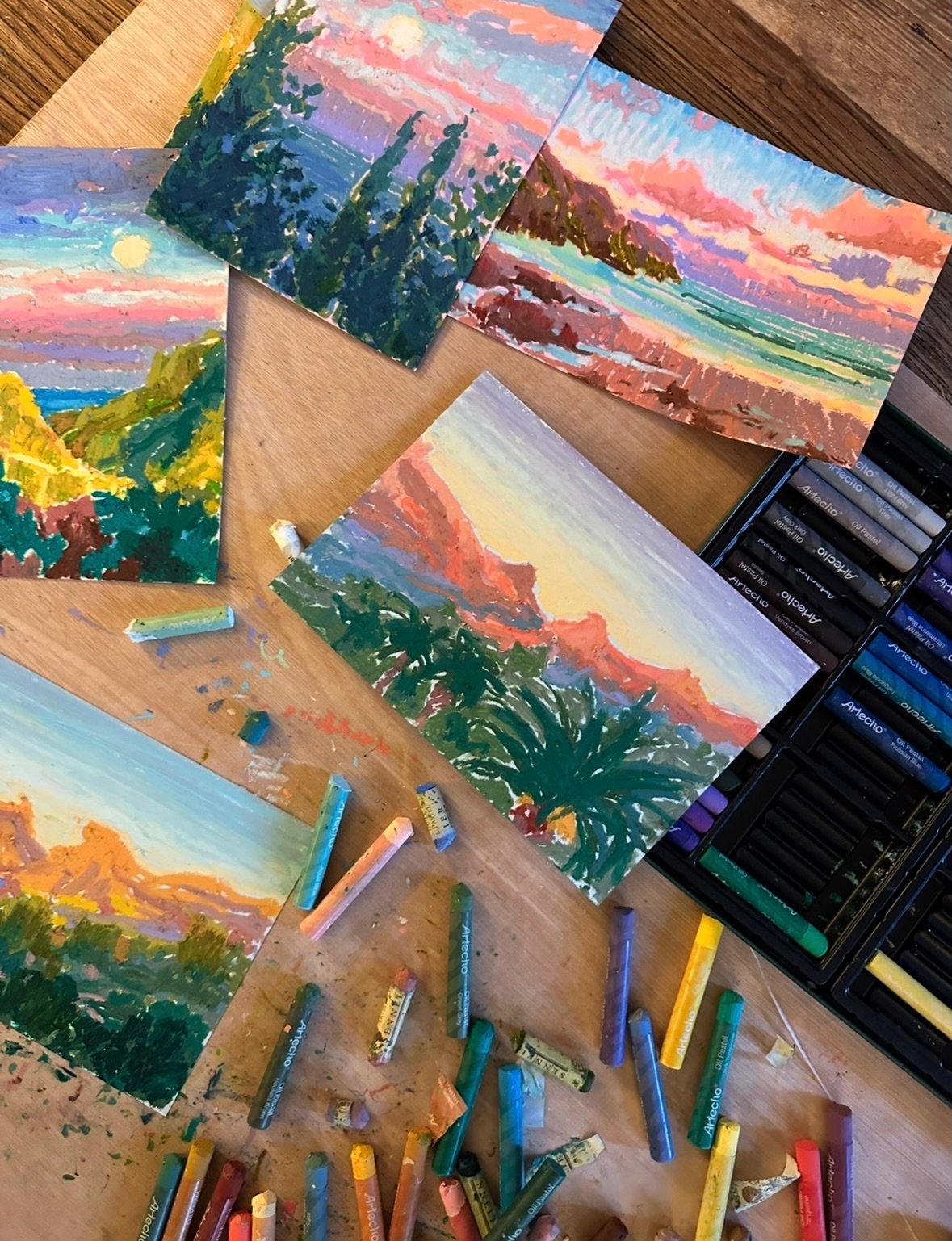 Getting back into my pastel groove and exploring some favourite views from Mallorca, Greece, Dorset and Devon. Cannot get enough of this medium. Still so much to learn, but loving experimenting. 

When I&rsquo;ve built a little collection I&rsquo;ll 