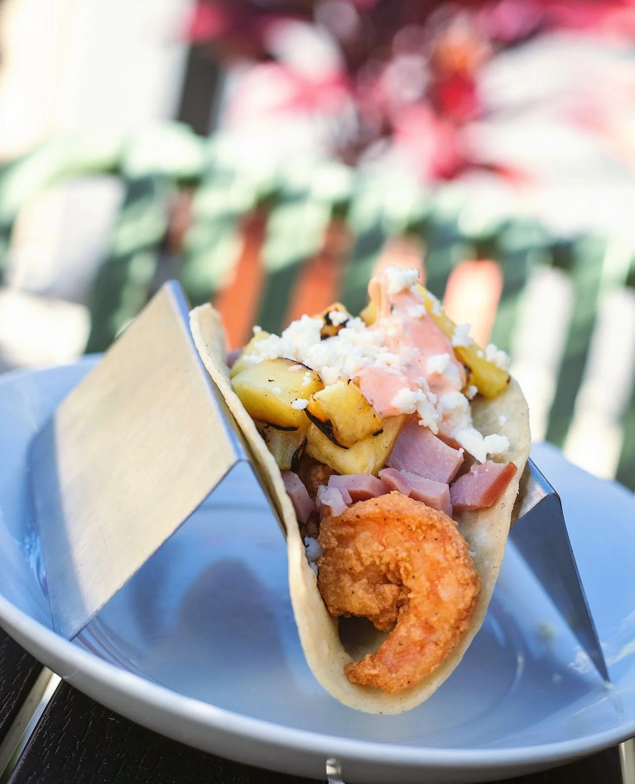 CHEF TACO 🌺 Hawaiian Shrimp Tacos 🌺 Fried shrimp, diced ham, grilled pineapple, sriracha aioli, queso fresco⁠
⁠
Available this weekend at Mezcal!