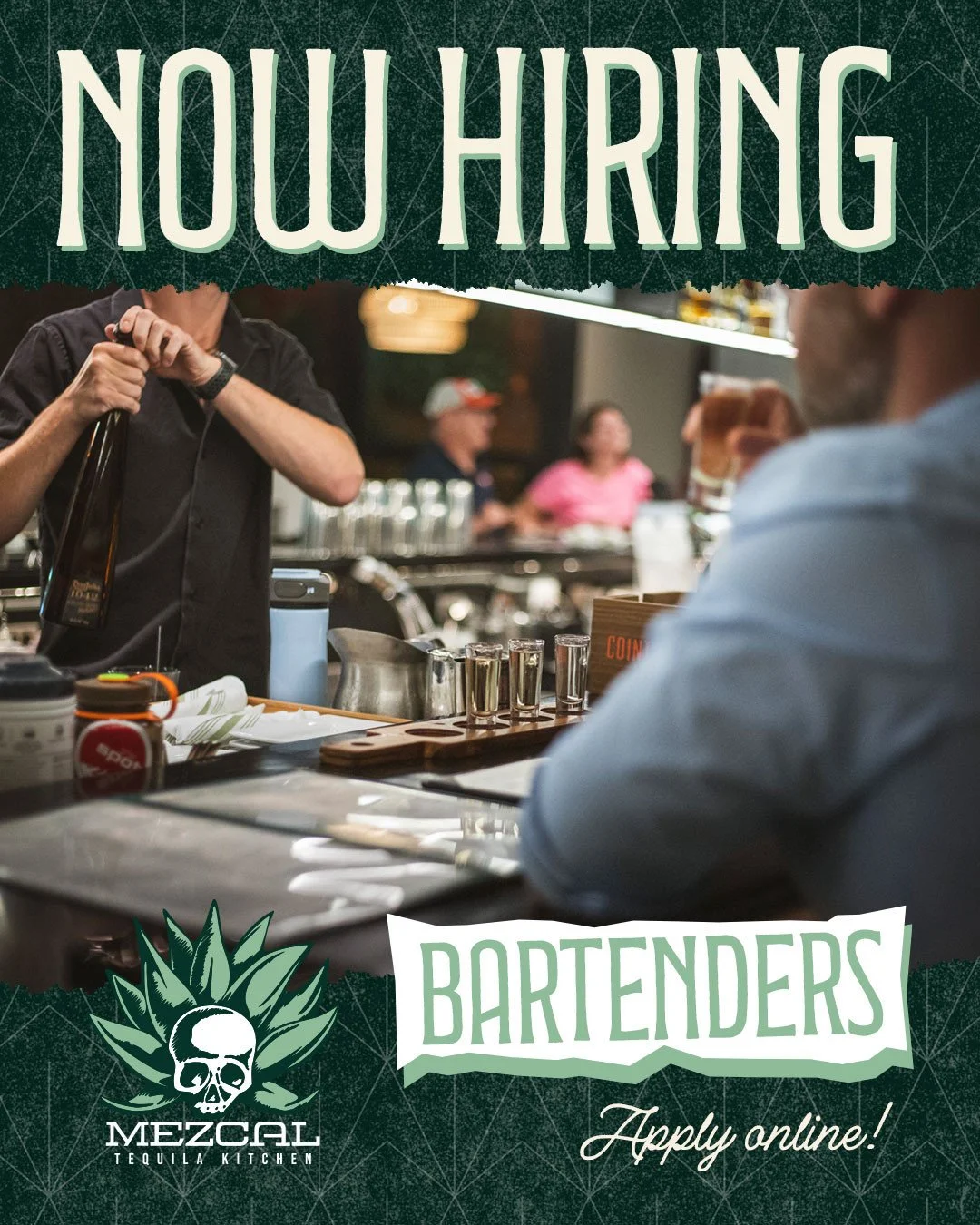 Now hiring bartenders to join the team at Mezcal. If you thrive in a fast-paced, lively, and fun environment, we want YOU!⁠
⁠
Niche Hospitality Group offers competitive wages, awesome benefits, and plenty of room to grow within the company. If you, o