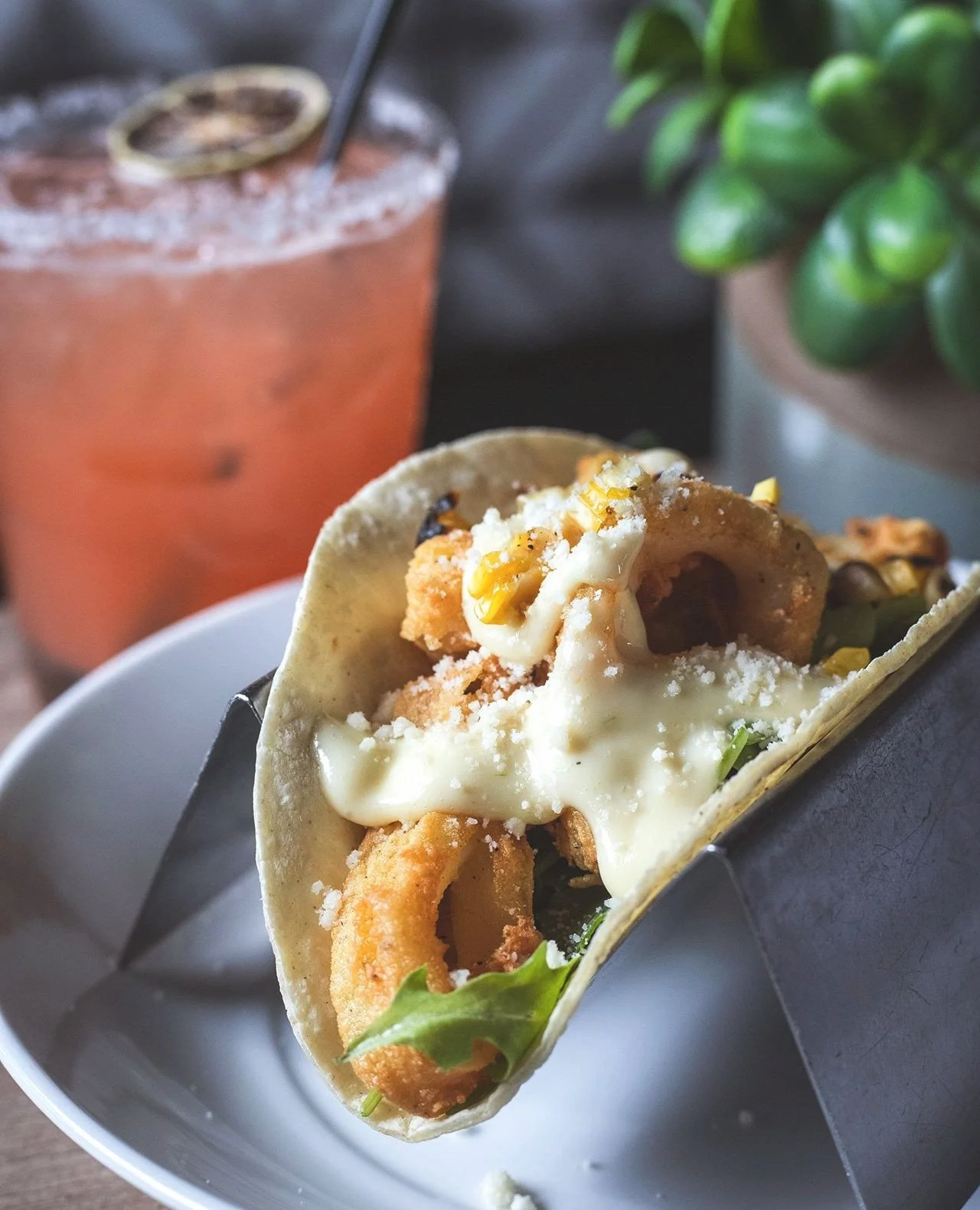 New chef taco for the weekend...and it's a good one 🦑⁠
⁠
Fried Calamari with arugula, grilled corn, cotija cheese, and garlic lemon aioli.⁠
⁠
Don't forget, we have Taco Tuesday pricing tonight from 10pm 'til midnight for all your late night cravings