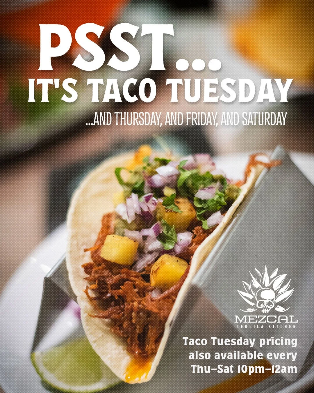 It's Taco Tuesday. And Thursday. And Friday. And Saturday 🌮🔥⁠
⁠
Our Taco Tuesday deals are available ALL NIGHT on Tuesdays and again Thursday, Friday &amp; Saturday from 10PM&ndash;midnight. Same great tacos, same great prices, and a few more excus