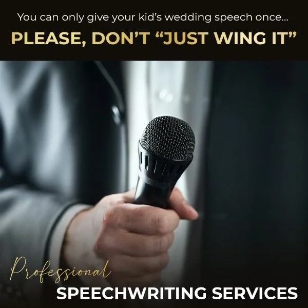 A person in a suit holding a microphone, with text promoting professional speechwriting services for a kid's wedding speech, emphasizing not to use 'just wing it'.