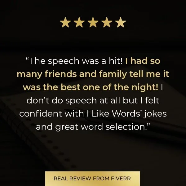 A five-star rating graphic with a review about a speech service. The review praises the speech, expresses confidence, and mentions laughter and word selection. The review is labeled as a real review from Fiverr.