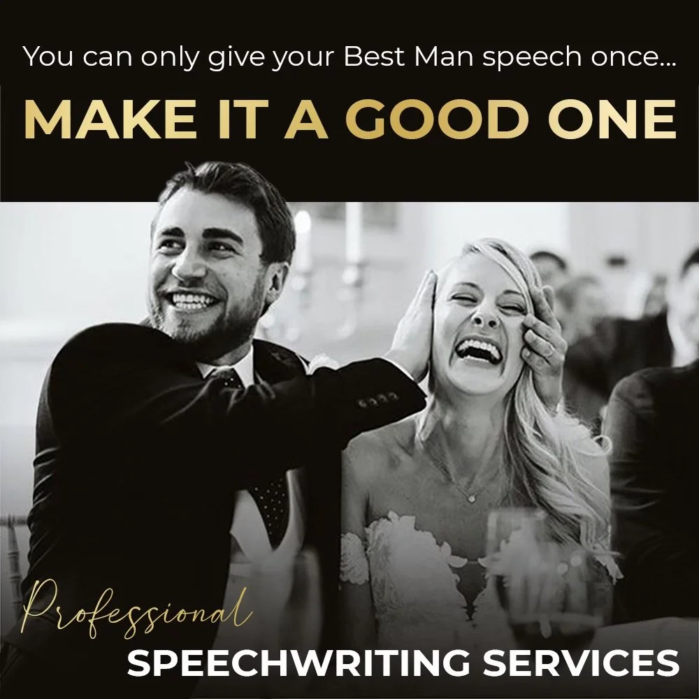 A man in a suit playfully covering a woman's ears with his hands at a wedding reception, both smiling, with the text "You can only give your Best Man speech once... MAKE IT A GOOD ONE" and "Professional Speechwriting Services."