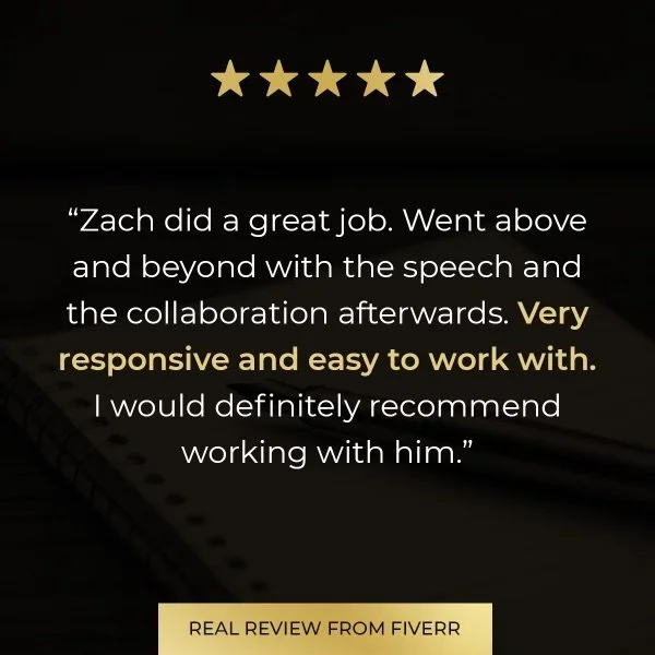 A five-star review graphic with a quote praising Zach's communication and collaboration skills, and stating he is very responsive and easy to work with.