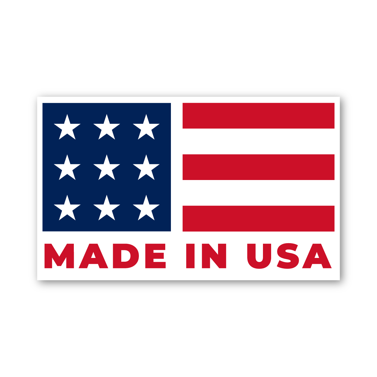 American flag-themed sticker with 10 white stars on a blue field and red and white stripes, with bold red text reading 'MADE IN USA' at the bottom.