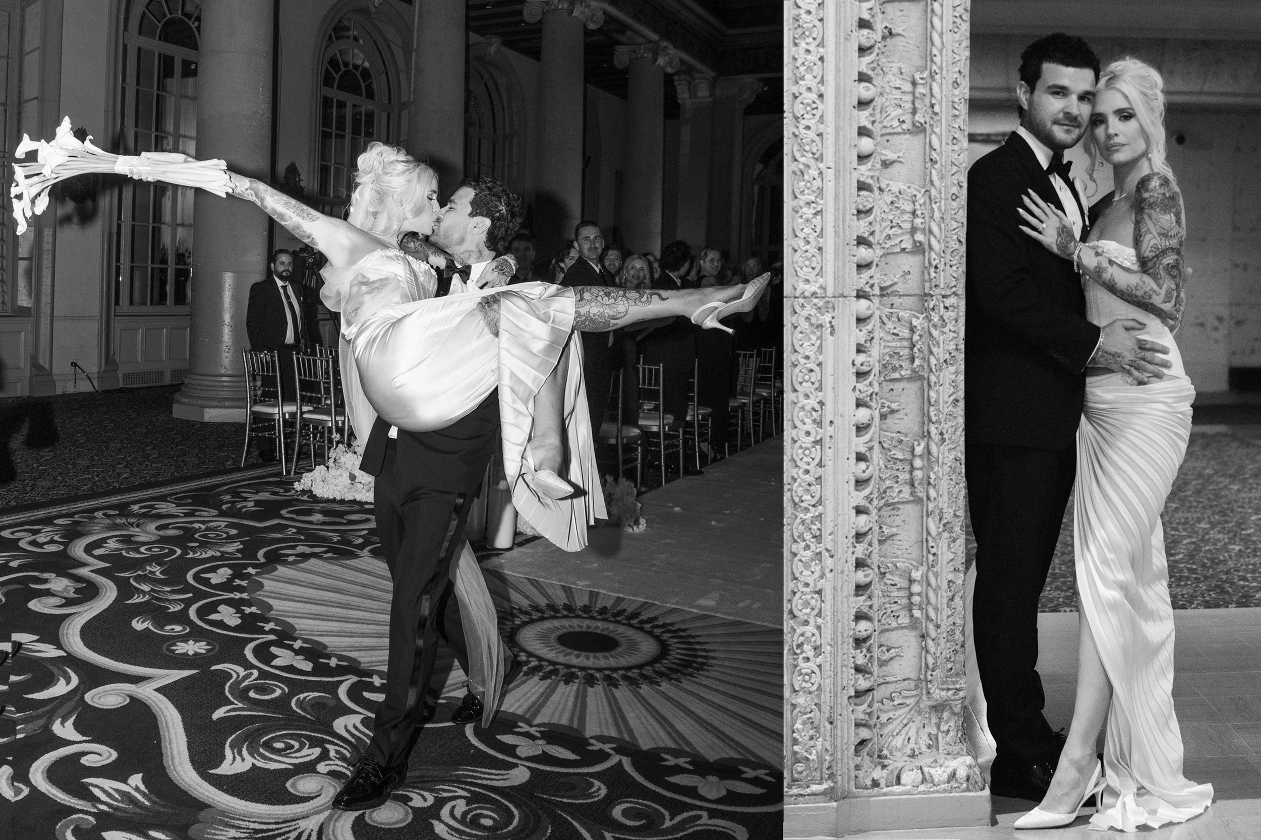 The couple posed dramatically in soft, golden light, with vintage-inspired Art Deco décor and elegant floral arrangements framing the romantic scene.