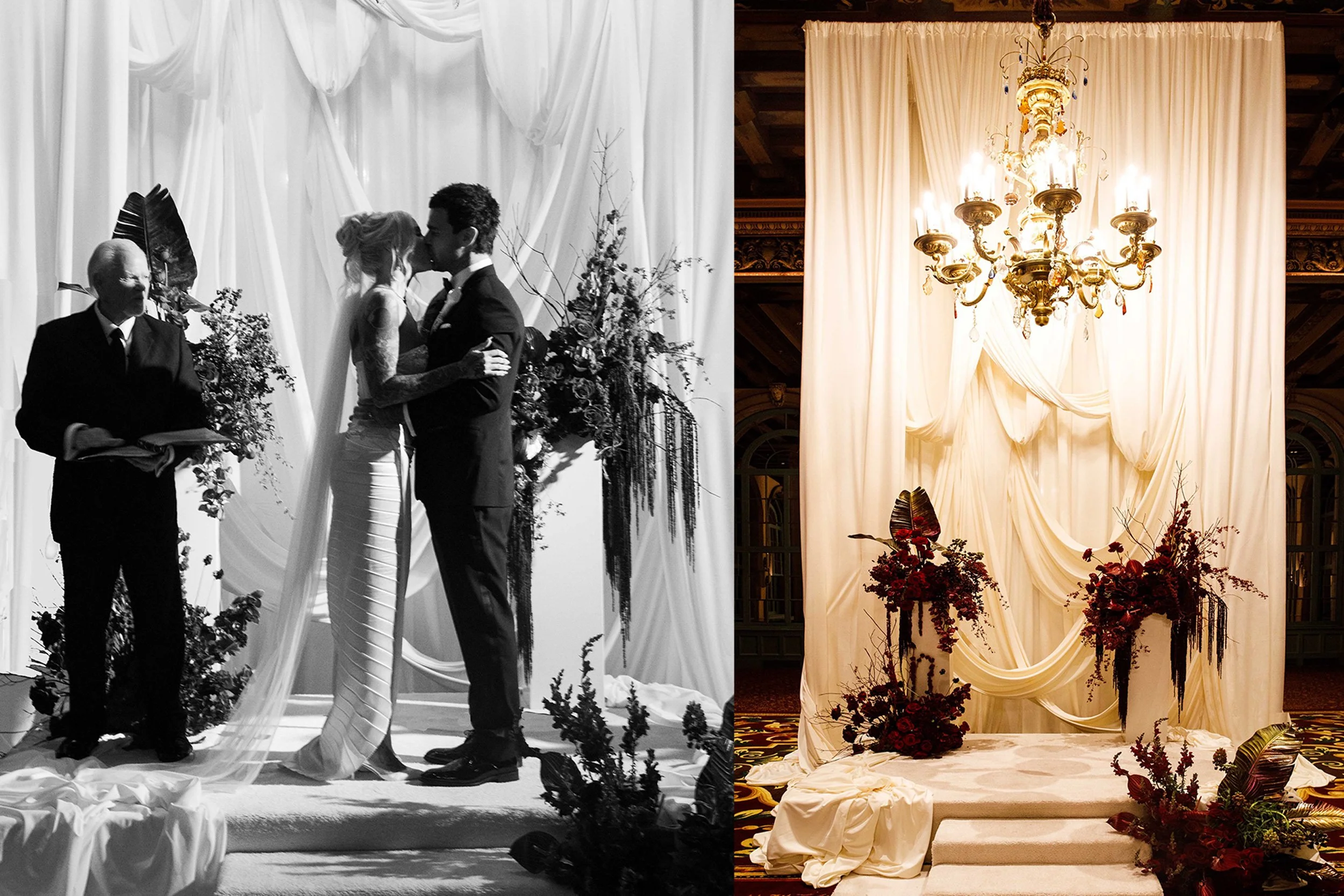 The bride and groom share in front of a sweeping, dramatic backdrop of drapery at the altar at the Biltmore Hotel.