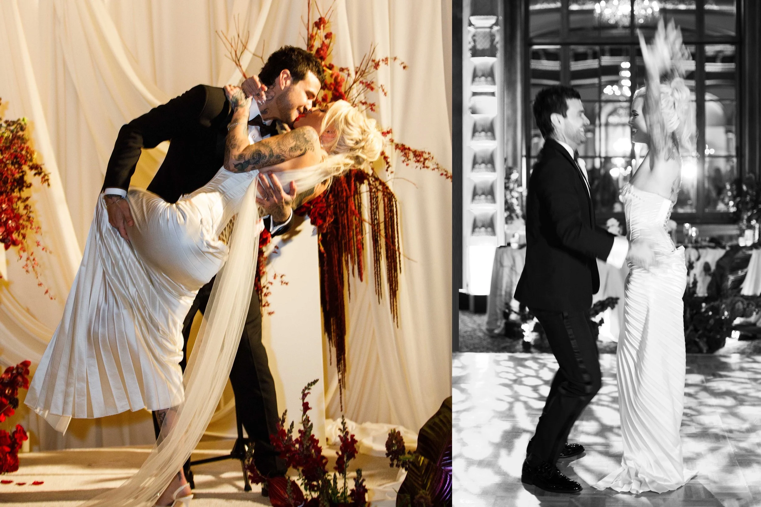 The bride and groom share a sweeping dance-floor dip beneath sparkling chandeliers, surrounded by polished wood floors and ambient, cinematic lighting.