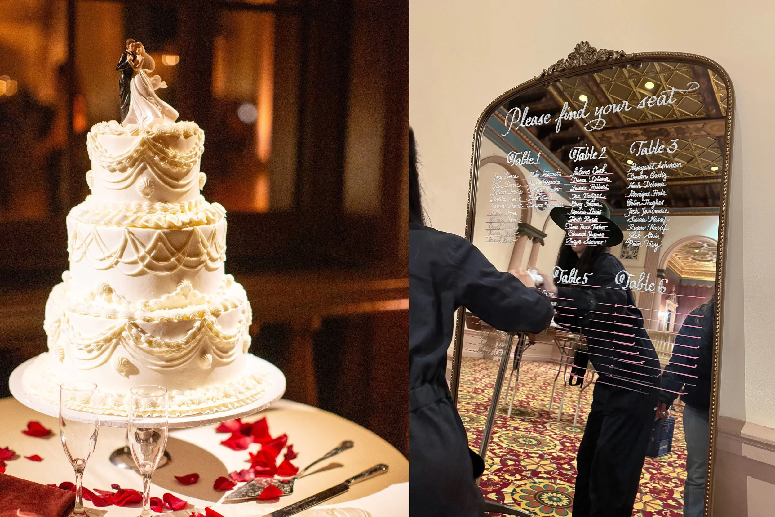 Close-up of a tiered wedding cake on a decorated table, accompanied by a mirror and guest list display, all styled with refined, vintage glamour.