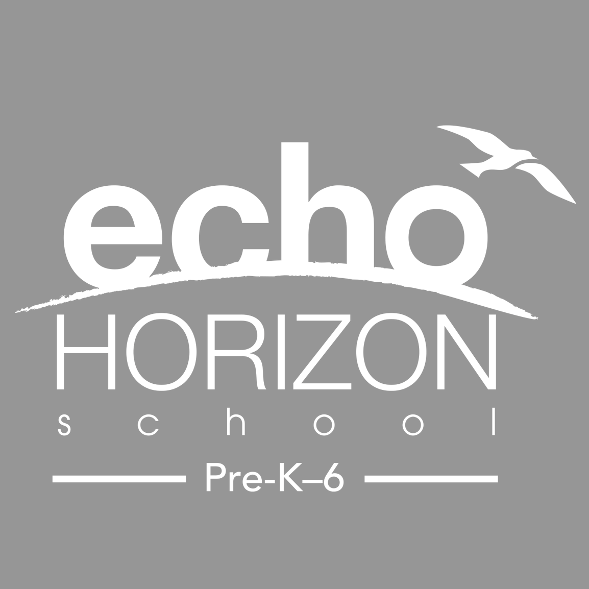 Echo Horizon logo in gray and white. A Pre-K-6 elementary school that educates children in a safe, inclusive community that is down-to-earth and free of unhealthy pressure.