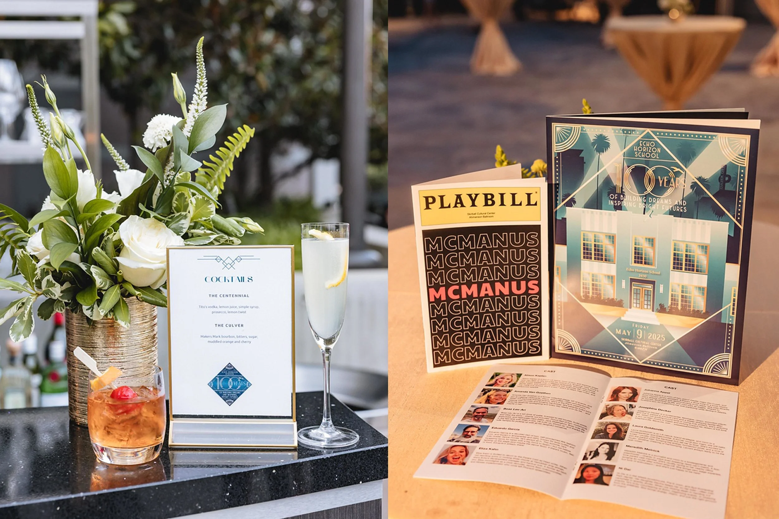 Echo Horizon gala speciality cocktails and printed collateral detailing the evening's program and key performers.