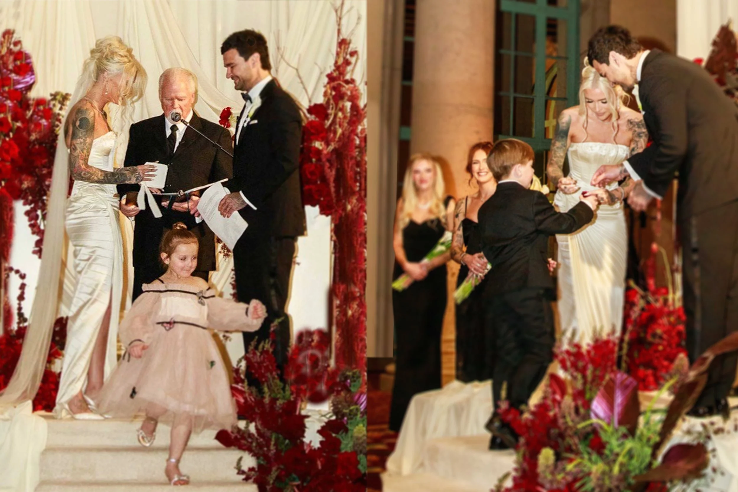Flower girl and ring bearer walk in classic, formal attire, highlighted by glimmering floral accents, a dramatic fabric backdrop, and plush red carpet.