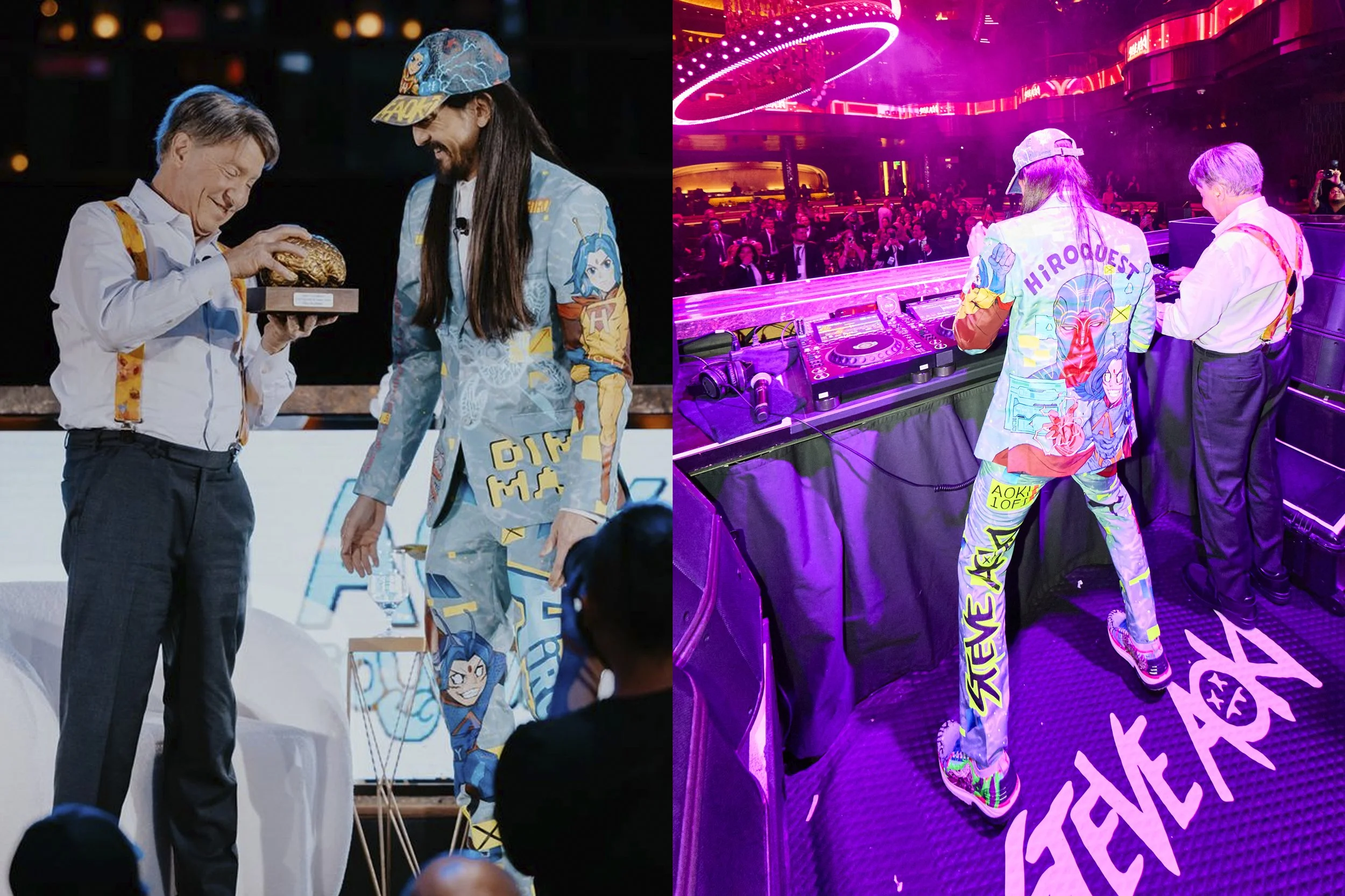 Ray Kurzweil holds a sculptural award to the event host on stage at the 2025 Steve Aoki Foundation charity gala, highlighting a keynote moment during the philanthropic evening.