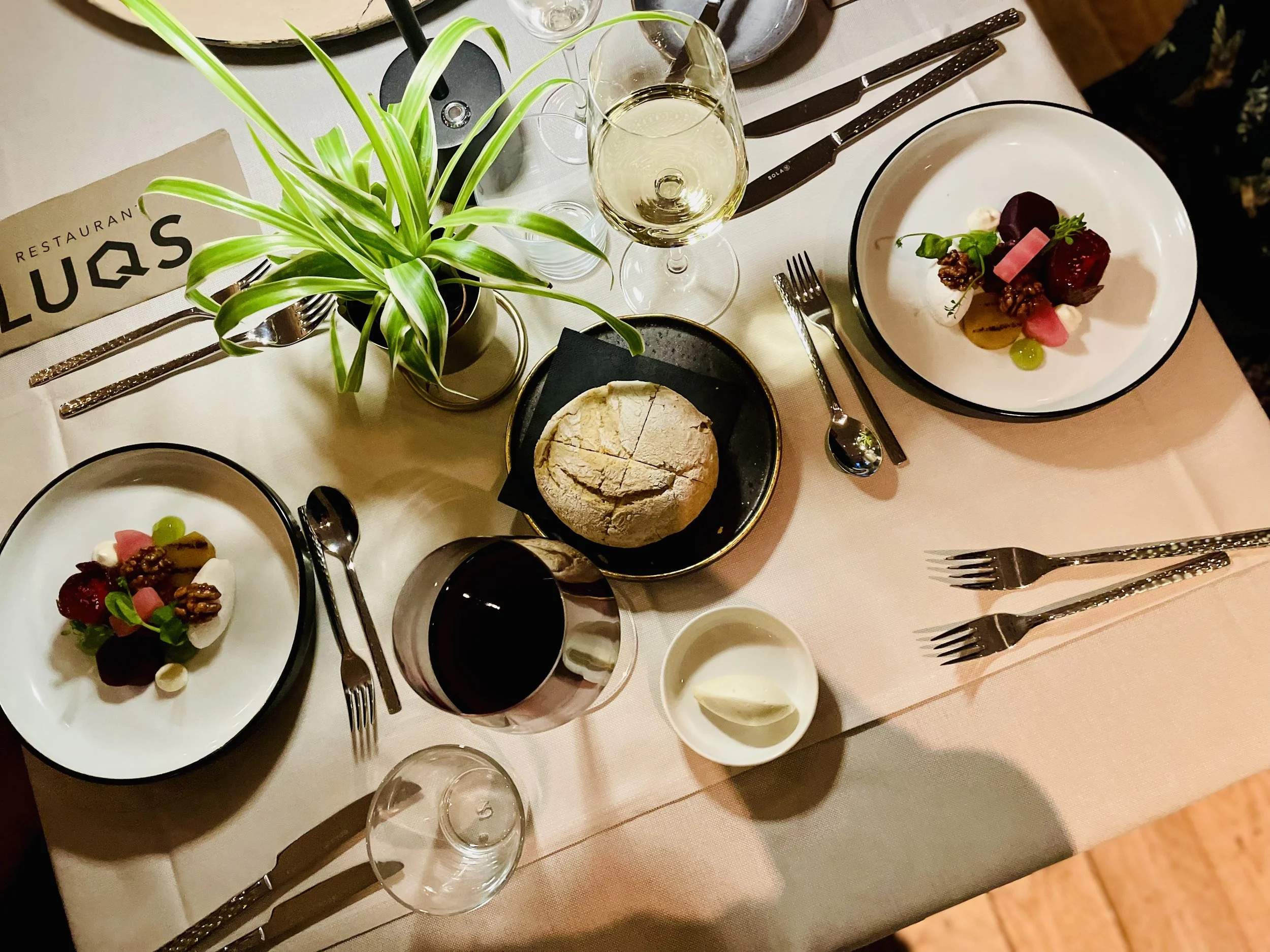 Logo for Restaurant LUQS overlaying a close-up of a prepared dish with chicken, herbs, lemon, and vegetables.