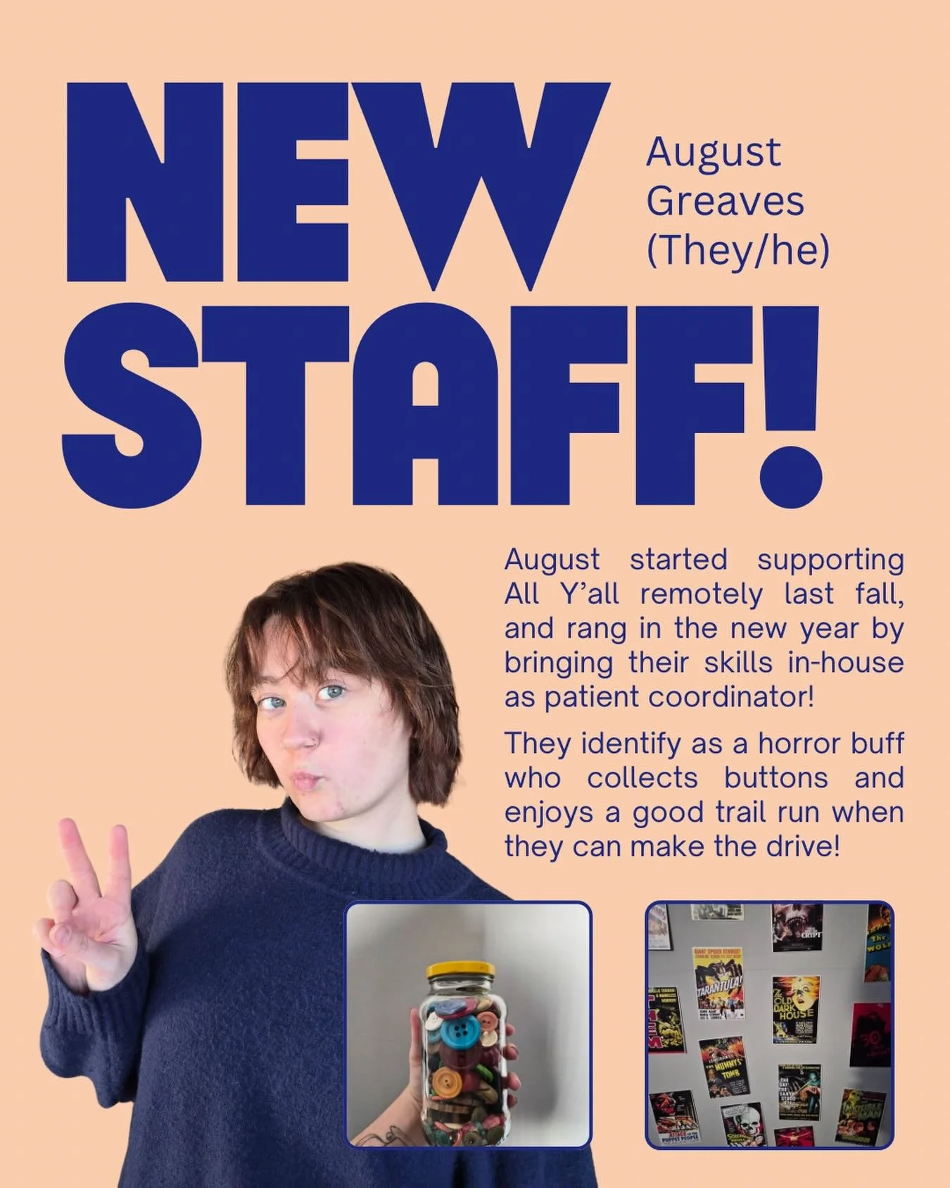 Please join me in welcoming August Greaves (they/he) to the All Y&rsquo;all team! 

August started supporting All Y&rsquo;all in the fall, working remotely as a virtual receptionist.

Having a person reach out and say &ldquo;Hey, I want to help you!&