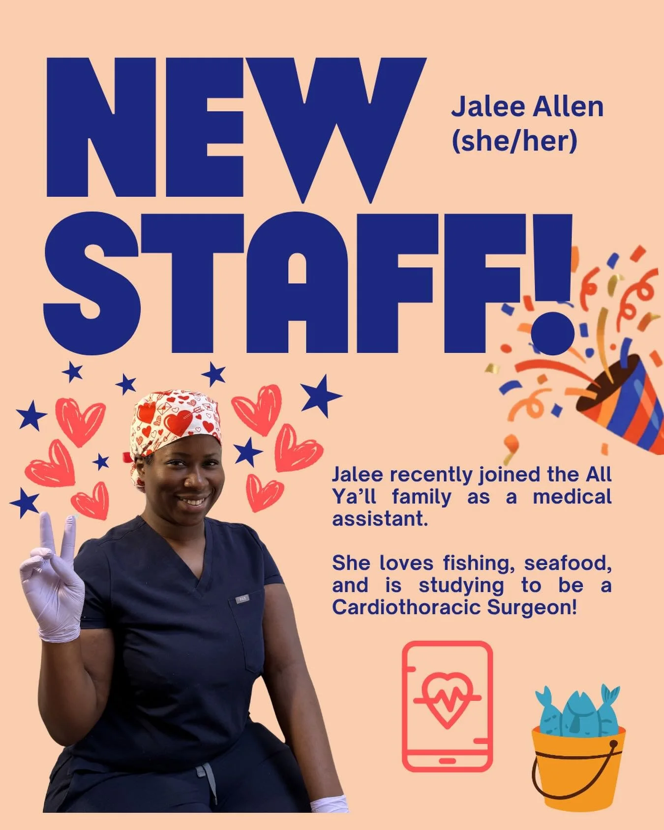 Please allow me to introduce the newest addition to the All Y&rsquo;all team, Jalee Allen (she/her). 

Jalee brings a wealth of experience as a Medical Assistant, and she is already revolutionizing our lives by helping with administrative as well as 