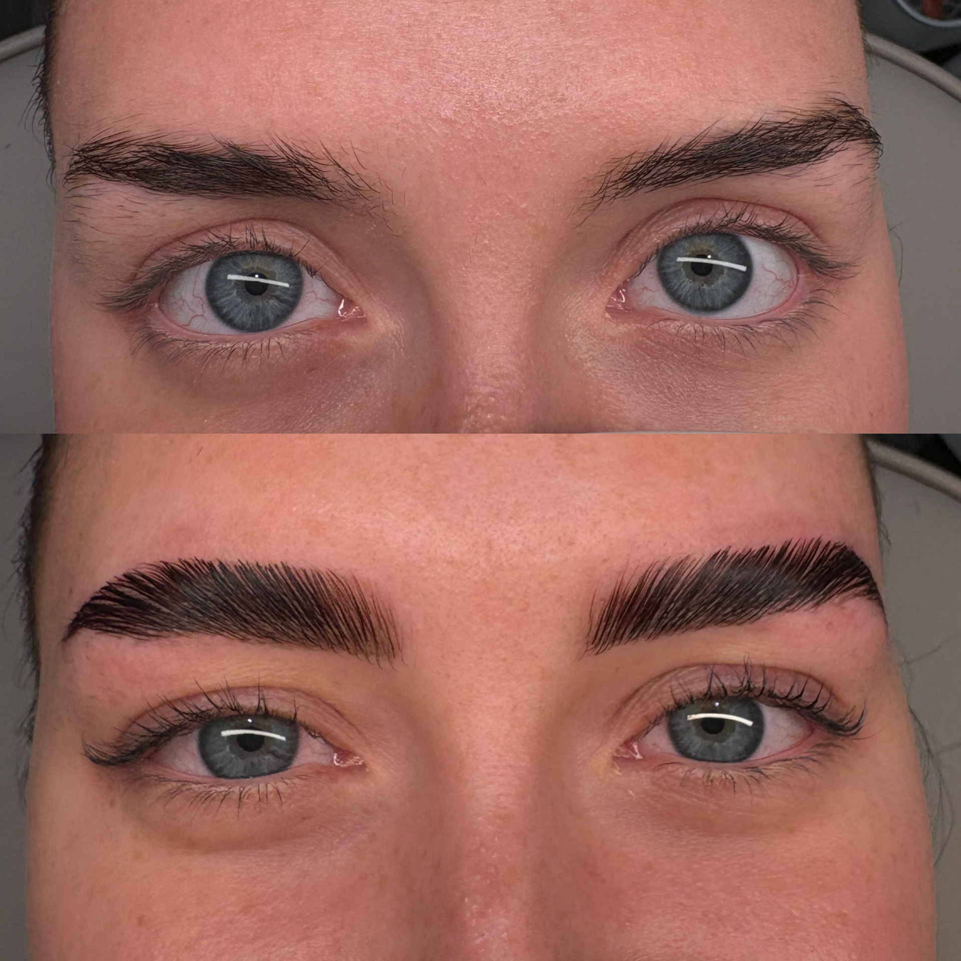 Close-up of a person's face focusing on their eyes and eyebrows before and after eyebrow microblading. The top part shows natural eyebrows, and the bottom part shows well-defined, fuller eyebrows.