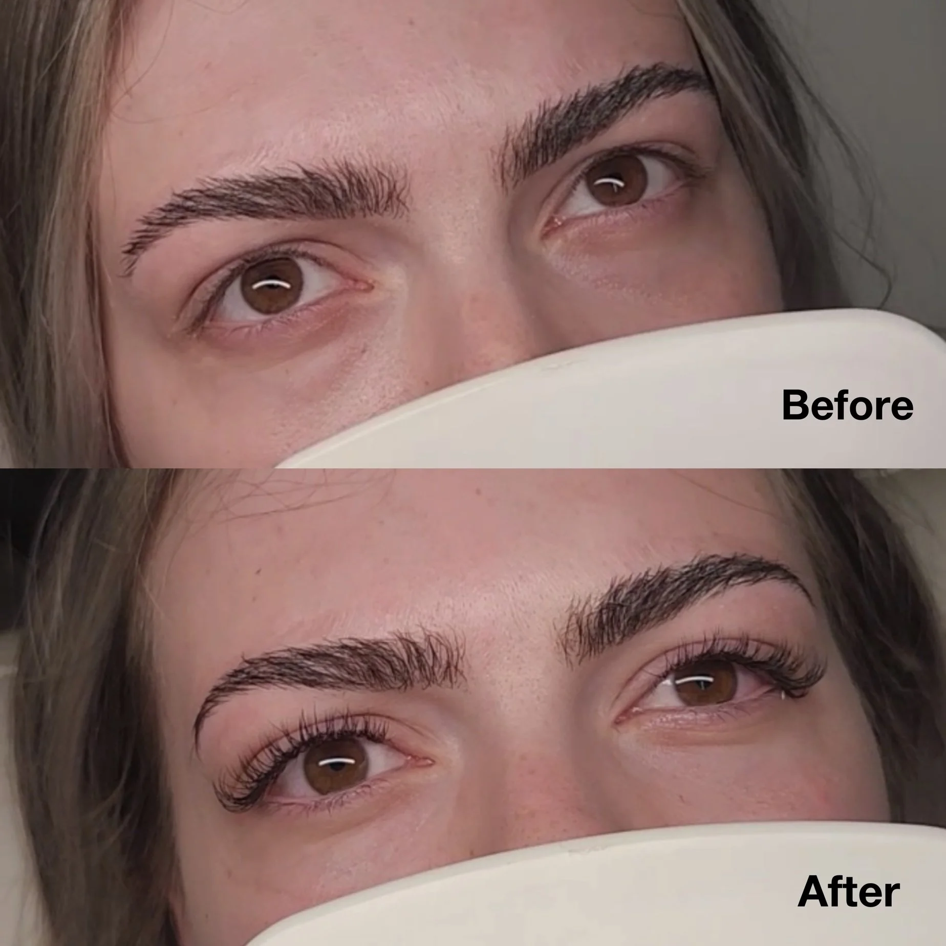 Close-up of a person's face showing before and after results of eyelash extensions. The 'Before' side has natural eyelashes, and the 'After' side shows long, thick eyelash extensions.
