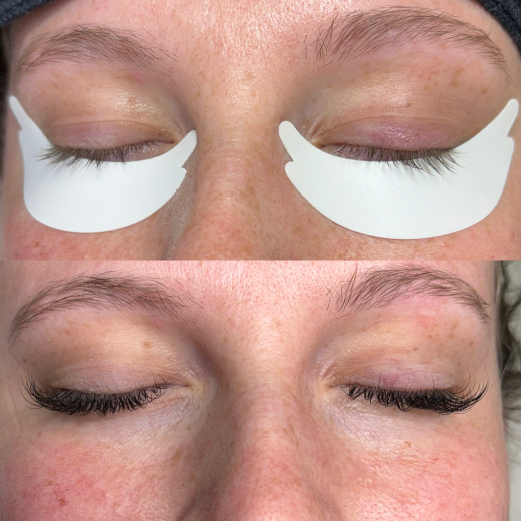 Close-up of a person's closed eyes before and after eyelash extension application, showing natural eyelashes and then enhanced long, thick lashes.