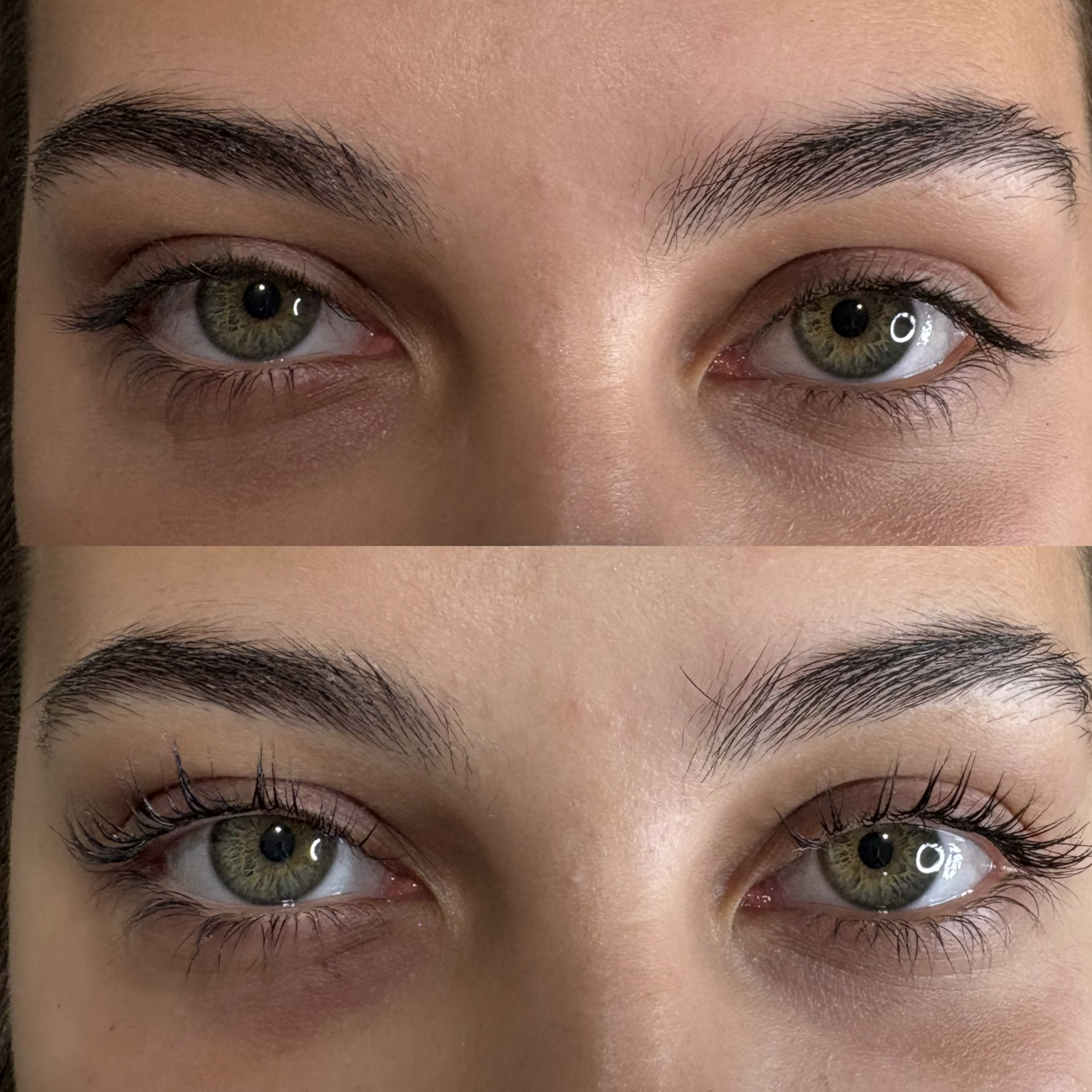 Close-up of a person's eyes and eyebrows with natural makeup and long eyelashes.