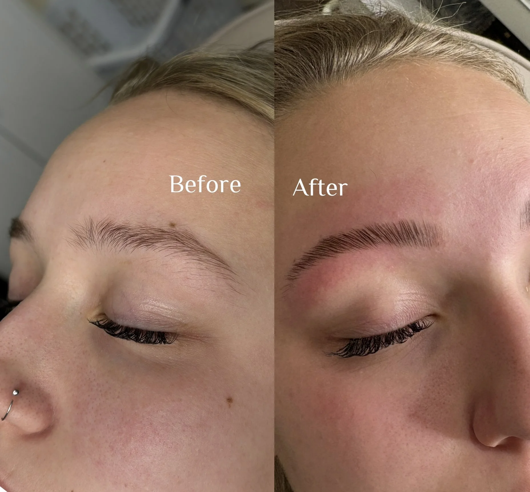 Close-up of a woman's face showing before and after eyebrow grooming. The left side shows natural, unstyled eyebrows, while the right side displays well-groomed eyebrows with makeup applied.