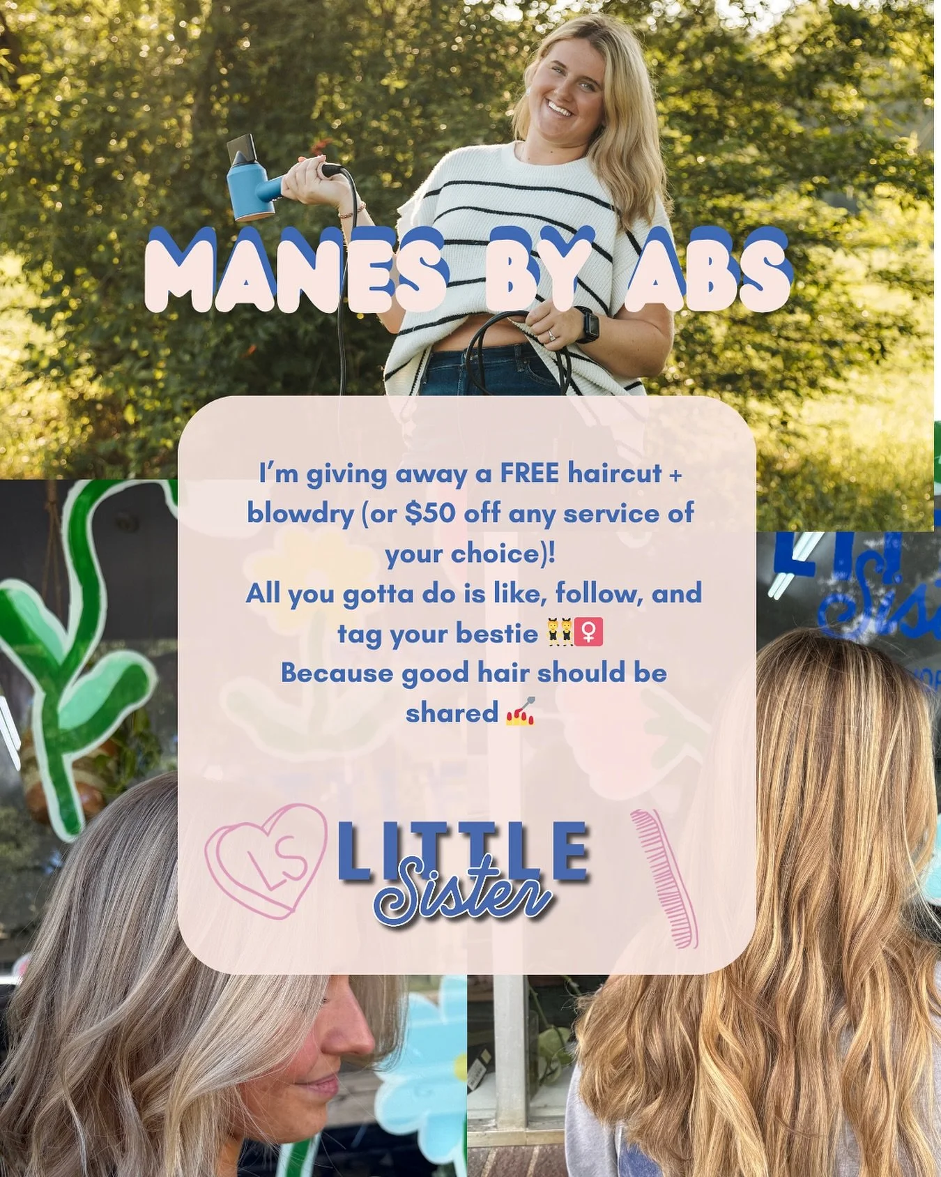 Manes by Abs is giving away a FREE haircut and blowout π‍βοΈ or $50 off any service!
To enter:
1οΈβ£ Follow all @manesbyabs @hairbyjennbaldwinga @led2betterhair @cosmocaroline_ + @littlesister
2οΈβ£ Like this post β€οΈ
3οΈβ£ Comment + repost this post
β¨
