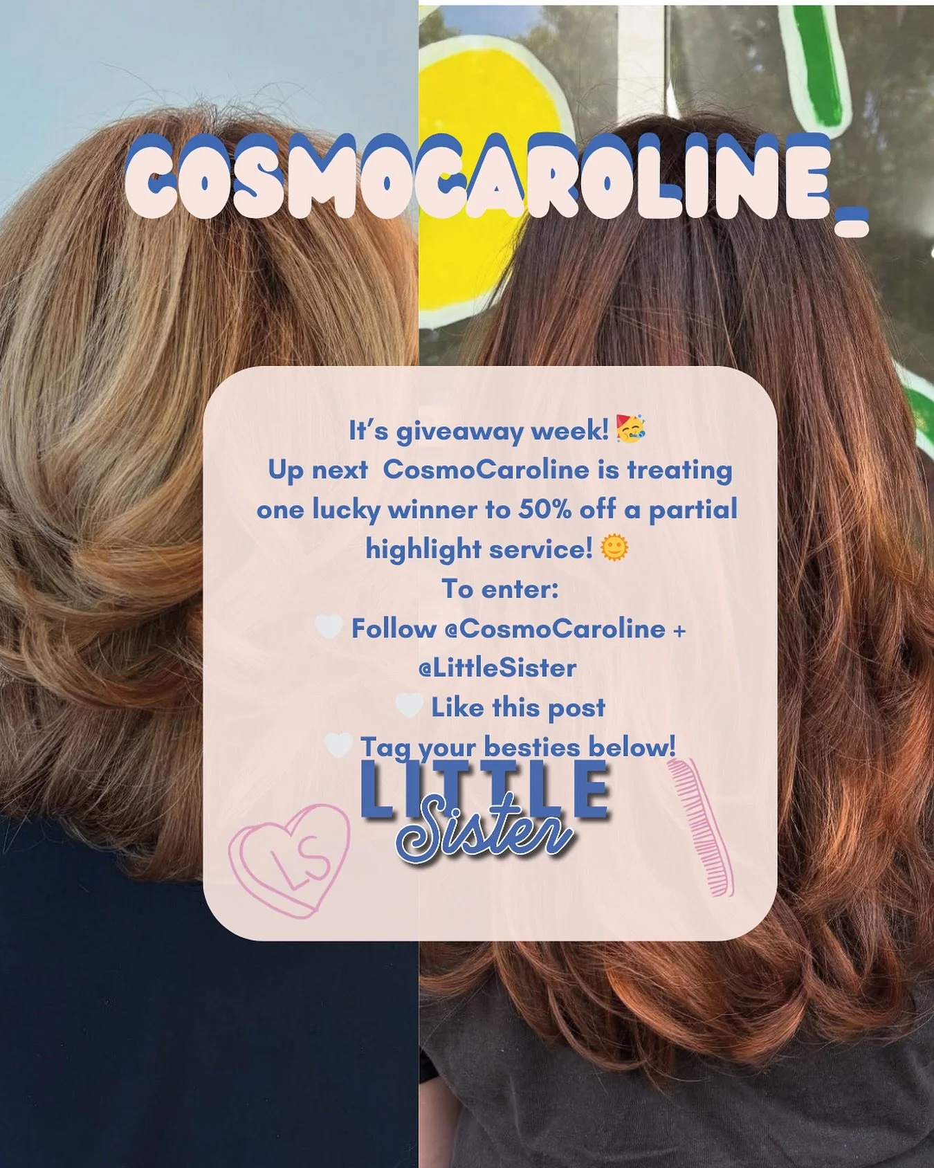 It’s giveaway week! π₯³
Up next — CosmoCaroline is treating one lucky winner to 50% off a highlight service! π
To enter:
π€ Follow @CosmoCaroline @led2betterhair @chealsemorgan @manesbyabs @hairbyjennbaldwinga + @LittleSister
π€ Like this