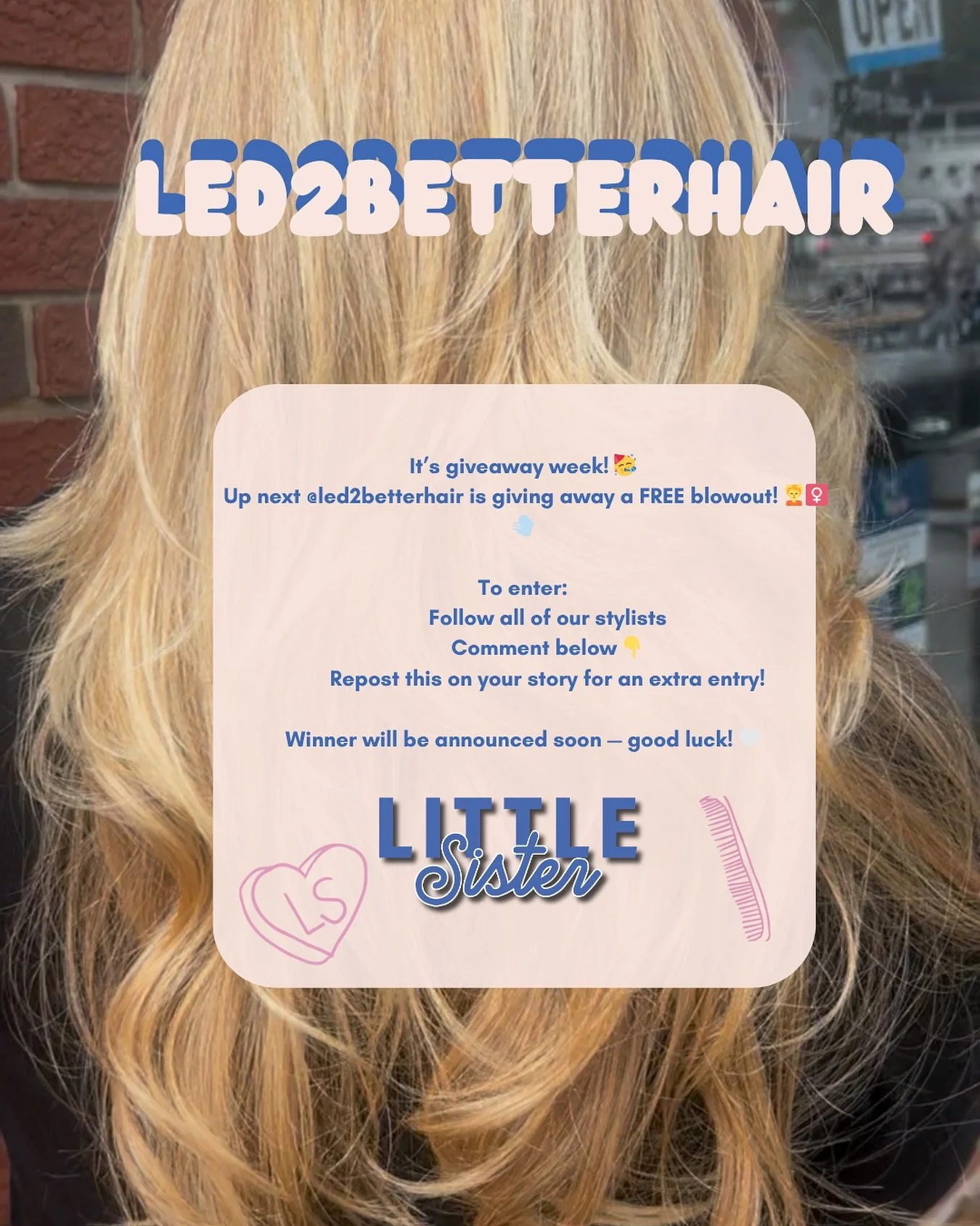 β¨ GIVEAWAY TIME! β¨
Led2betterhair is giving away a FREE blowout! π‍βοΈπ¨
To enter:
1οΈβ£ Follow all stylists + @littlesister
2οΈβ£ Like this post
3οΈβ£ Comment & tag your bestie
4οΈβ£ Repost to your story for an extra entry! π
Don’t miss out