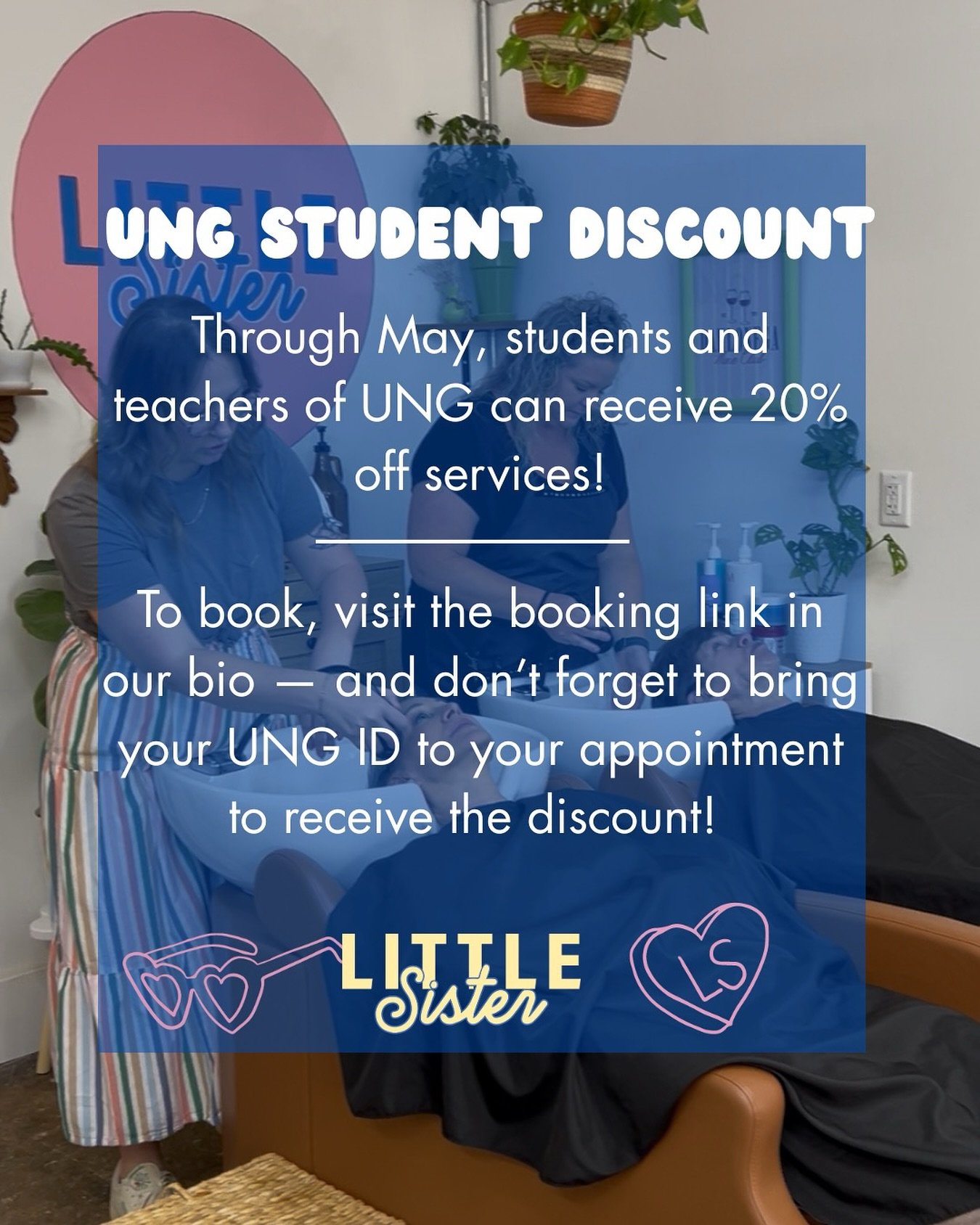 ✨UNG students + teachers!✨ Enjoy 20% off your service just bring your ID when you come in 🤍 We&rsquo;d love to see you! Book through the link in bio 💇&zwj;♀️
-valid for all stylist: @hairbyjennbaldwinga @manesbyabs @led2betterhair @cosmocaroline_ @
