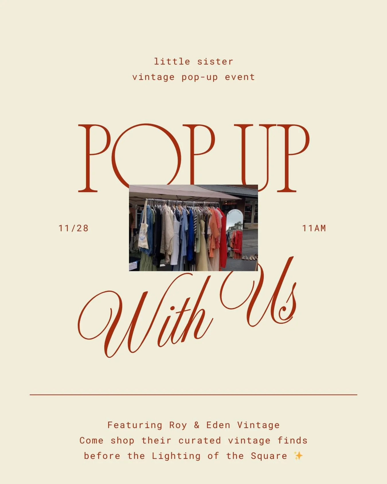 Friday is shaping up to be a PARTY at Little Sister! 🎉
We&rsquo;re so excited to welcome Roy &amp; Eden this Friday at 11AM with their beautiful vintage clothing + one-of-a-kind treasures.

Shop, stroll, and stay for the Lighting of the Square. ✨🤍
