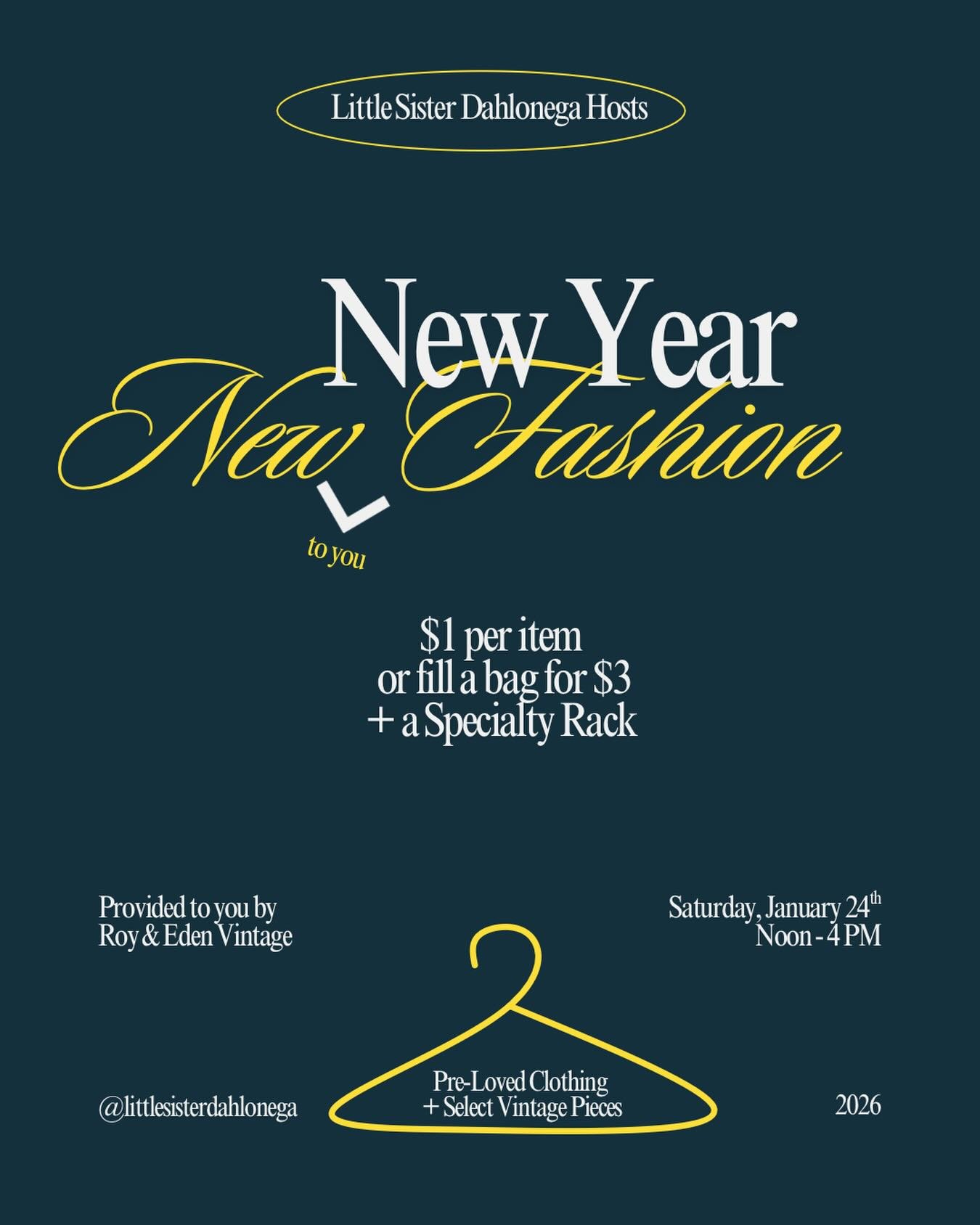 🚨 POP-UP ALERT! 🚨

Heads up, friends!
Join us Saturday, January 24th from 12&ndash;4pm for a special pop-up with our pre-loved + vintage-loving friends Roy &amp; Eden ✨

🛍️ $1 per item
🛍️ OR fill a bag for just $3

Come dig, thrift, and score som