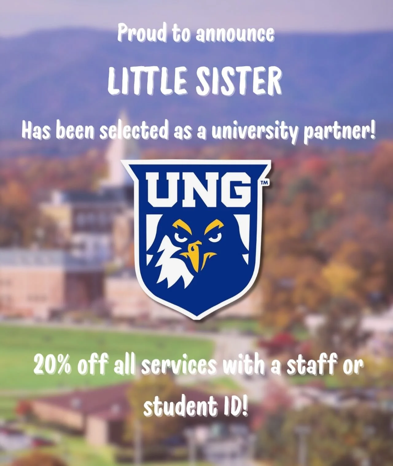 Proud to be a UNG partner! Come in and see us for any of your hair needs! Whether it&rsquo;s a blowout for a night out, or highlights for graduation, we can do it all. ✂️📚
