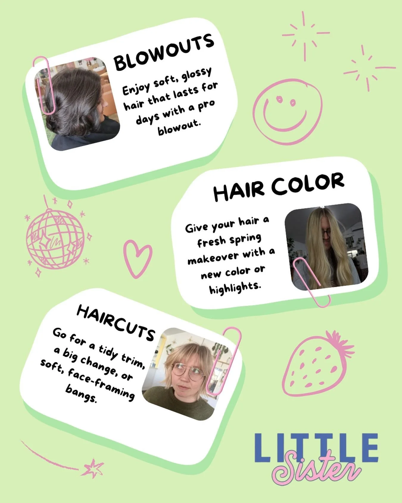 Warmer weather is here! Time to refresh your hair. Stop by Tuesday-Saturday, or book through our website! ✨🪩