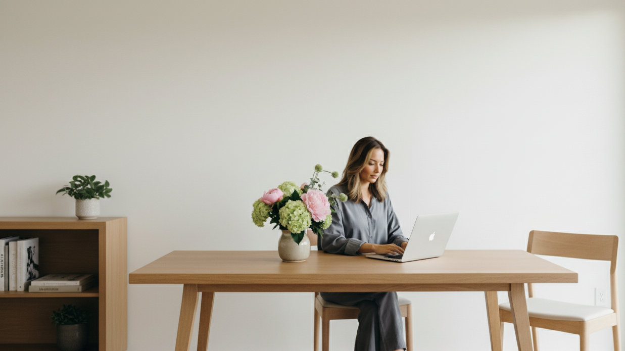 A woman working on a laptop at a wooden table with a vase of flowers, in a minimalist room with a white wall and a small bookshelf.